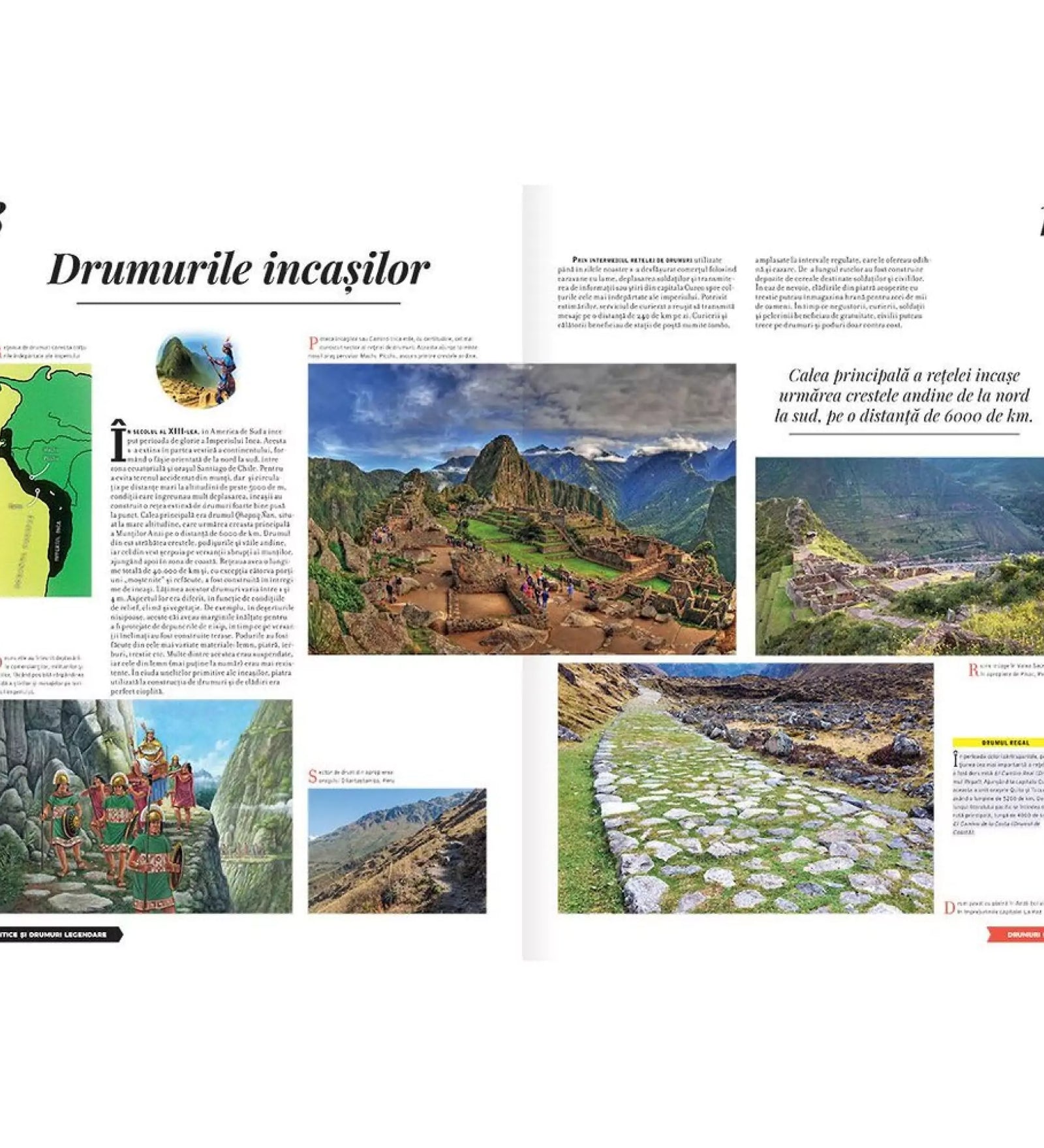 A „Locuri mitice și drumuri legendare” könyv egyik oldalpárja, amely az inkák ősi útvonalait és a lenyűgöző Machu Picchu-t mutatja be.