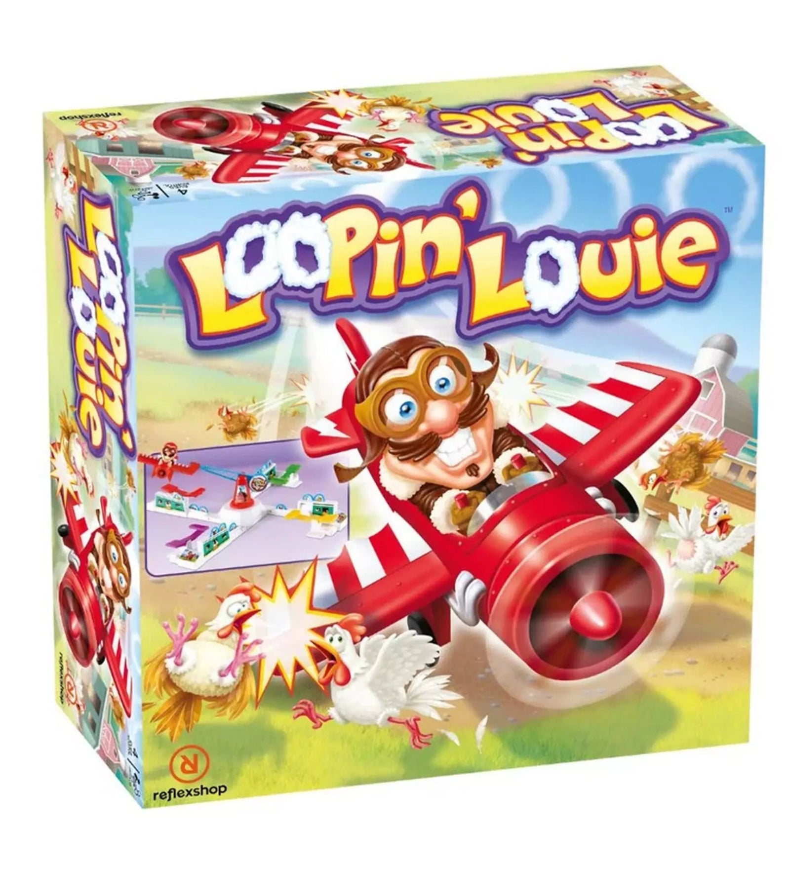 Loopin' Louie társasjáték vidám, színes doboza, rajta a piros repülőben ülő Louie karakterével, aki csirkéket kerget a farmon.