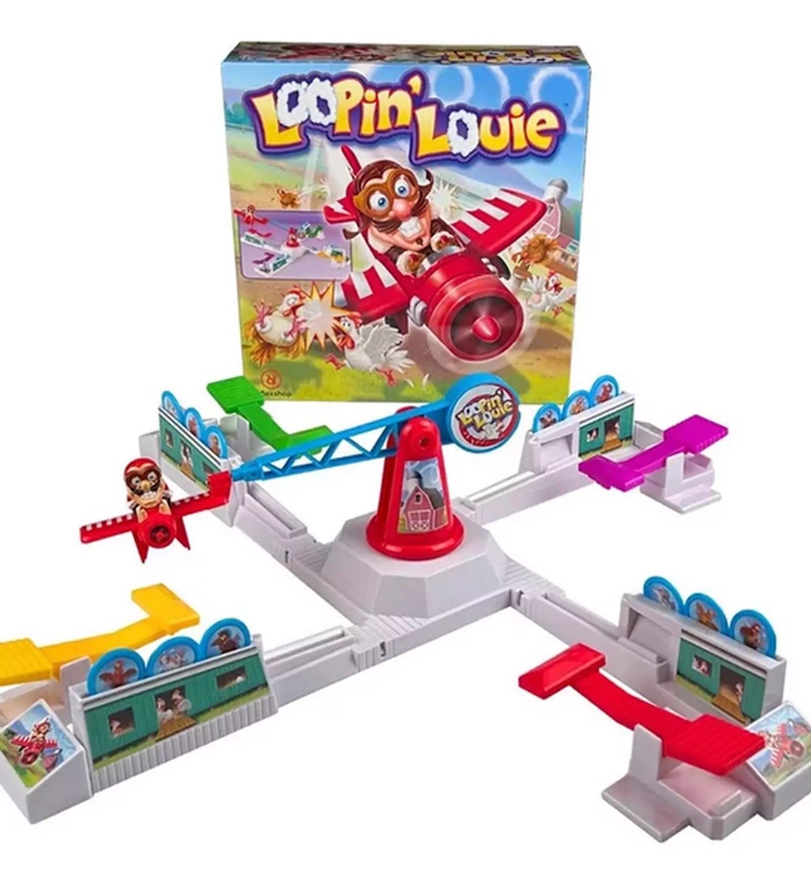 Felállított Loopin' Louie társasjáték játéktér, középen a mozgó karra rögzített repülőgéppel és négy színes játékosállással.