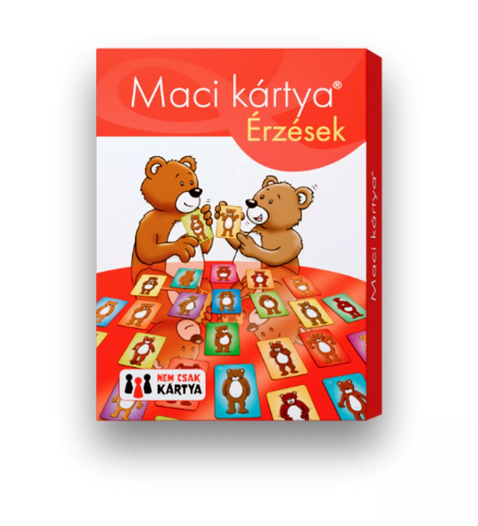 „A Maci kártya – Érzések játék borítója két macival, akik különböző érzelmeket ábrázoló színes kártyákkal játszanak.”