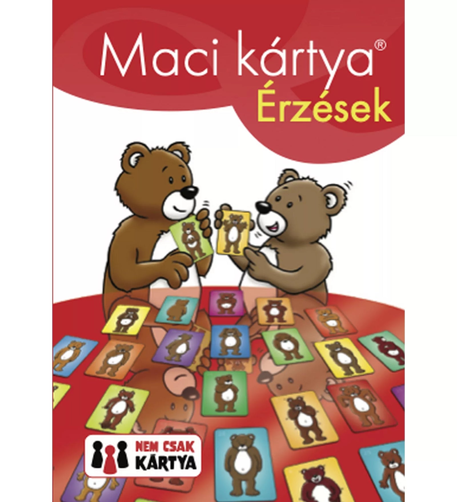 „A Maci kártya – Érzések piros doboza, amelyen két maci látható, körülöttük többféle érzelmet megjelenítő macis kártyával.”