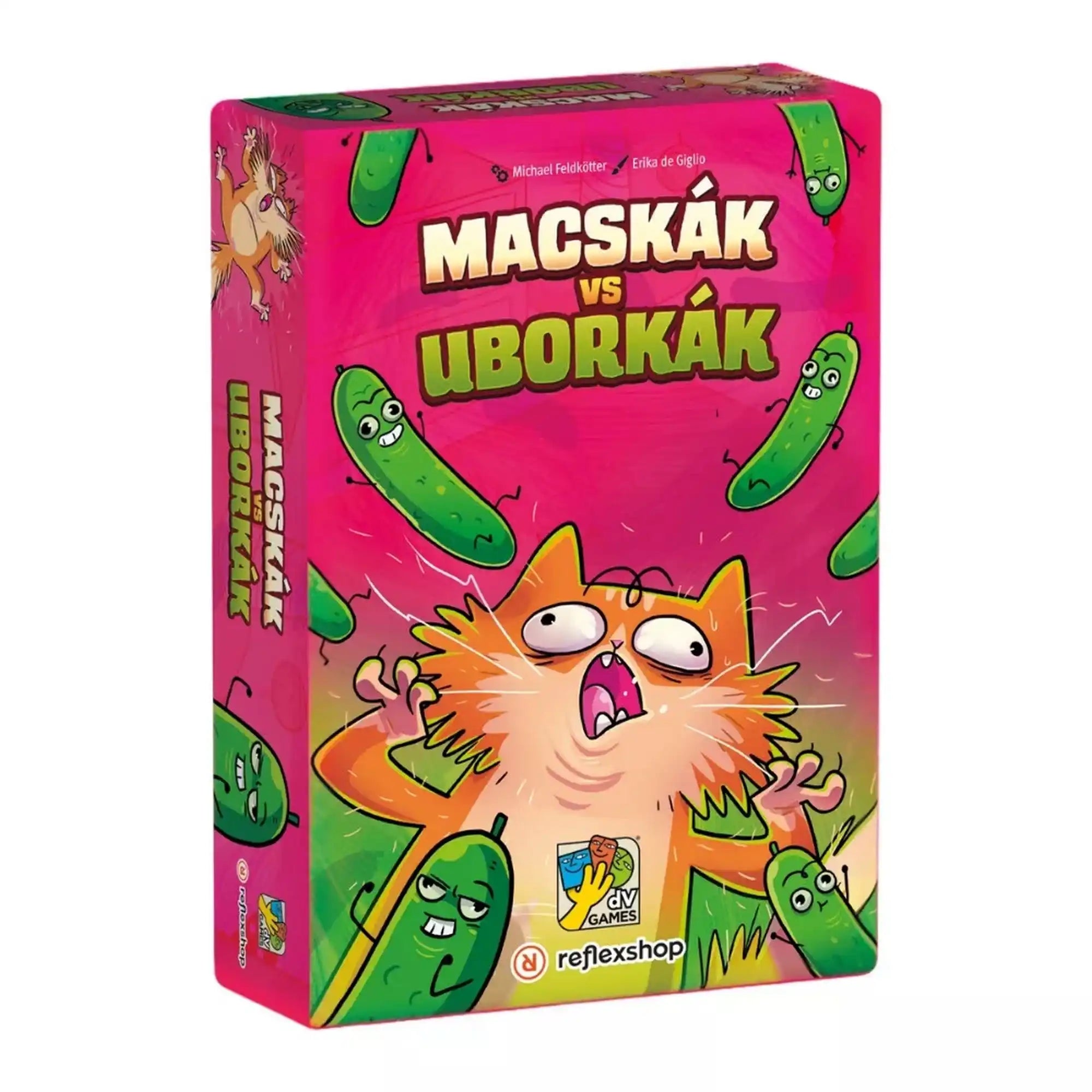 Macskák vs. uborkák magyar nyelvű társasjáték rózsaszín doboza macska és uborka illusztrációkkal.