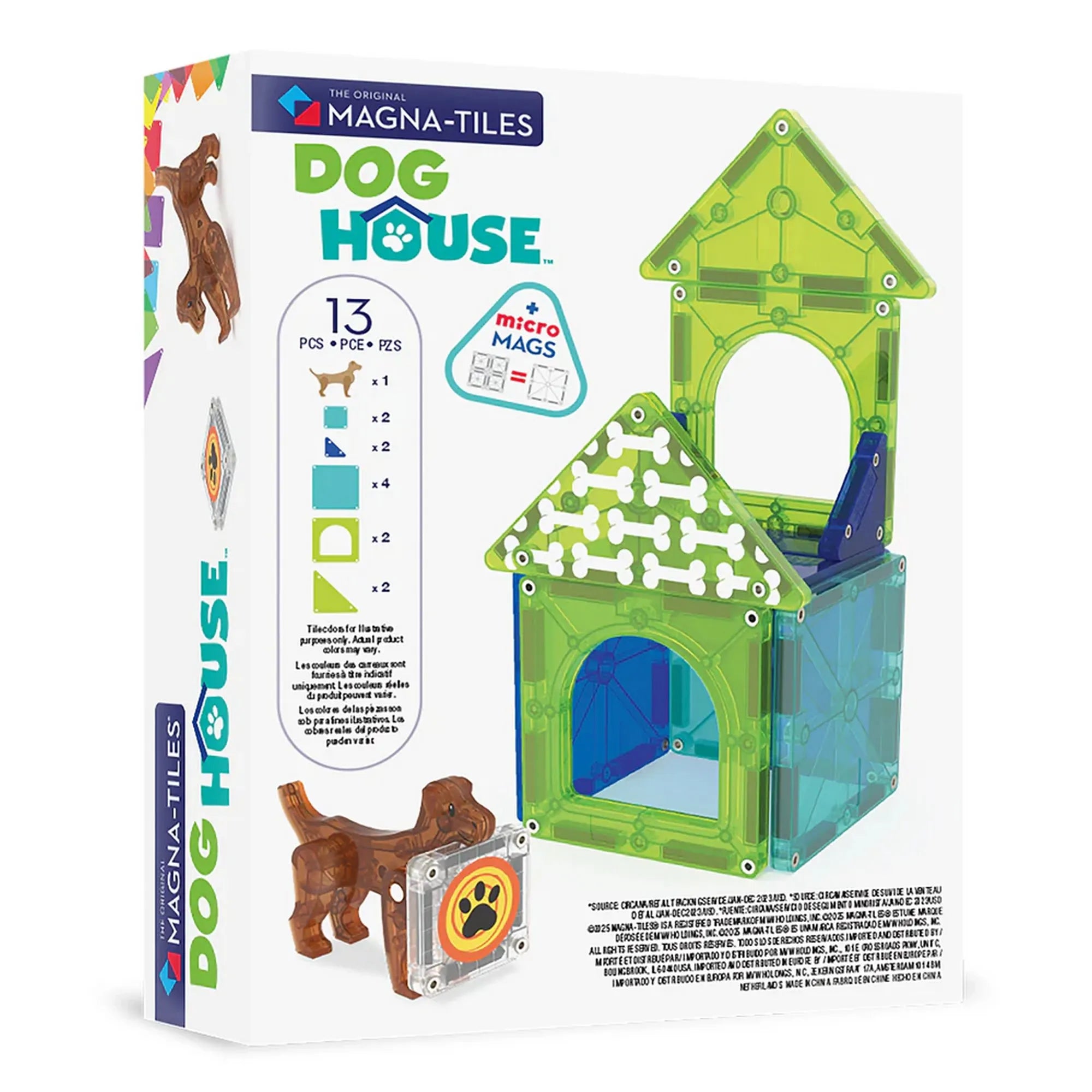 A Magna-Tiles Dog House szett dobozanak hatoldala, rajta a színes mágneses kutyaház építmény és a barna kutya figura, valamint a 13 darabos tartalom bemutatása.