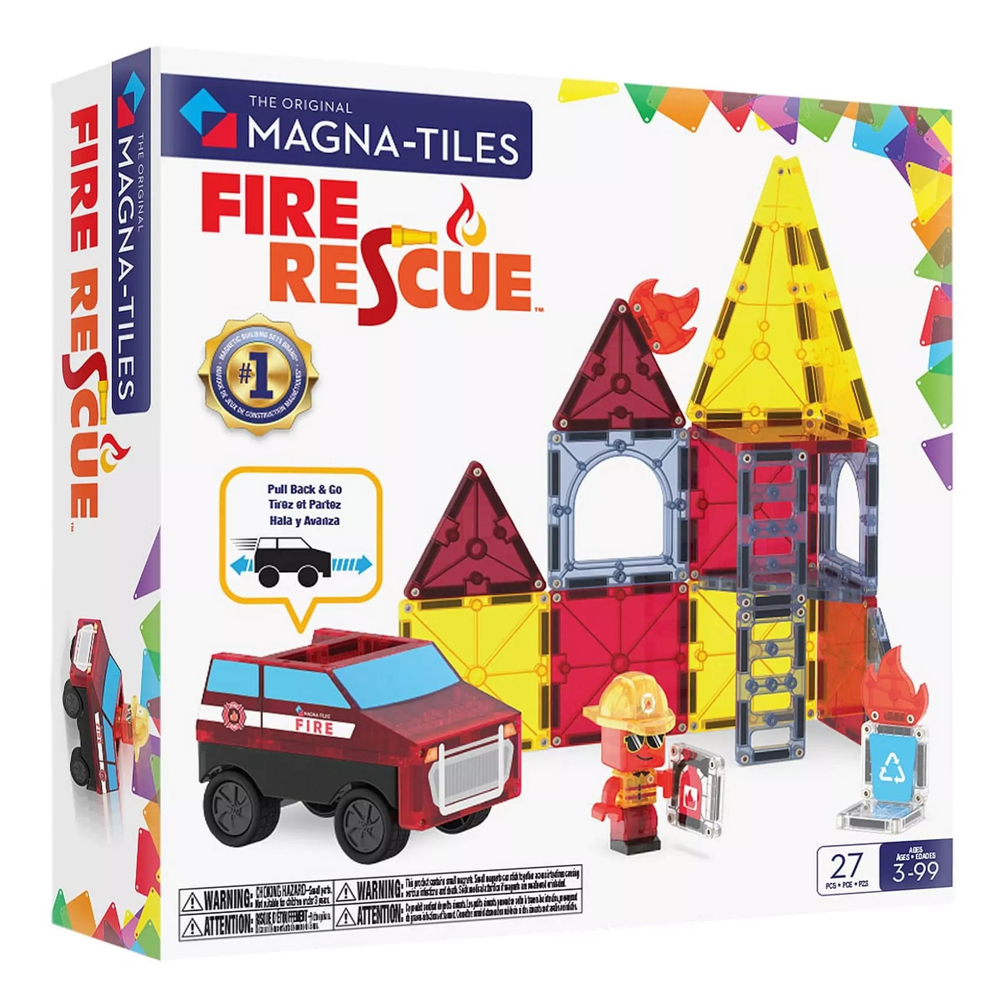 MAGNA-TILES Fire Rescue, 27 darabos készlet dobozkép, tűzoltóautóval, tűzoltó figurával és mágneses építőelemekkel.
