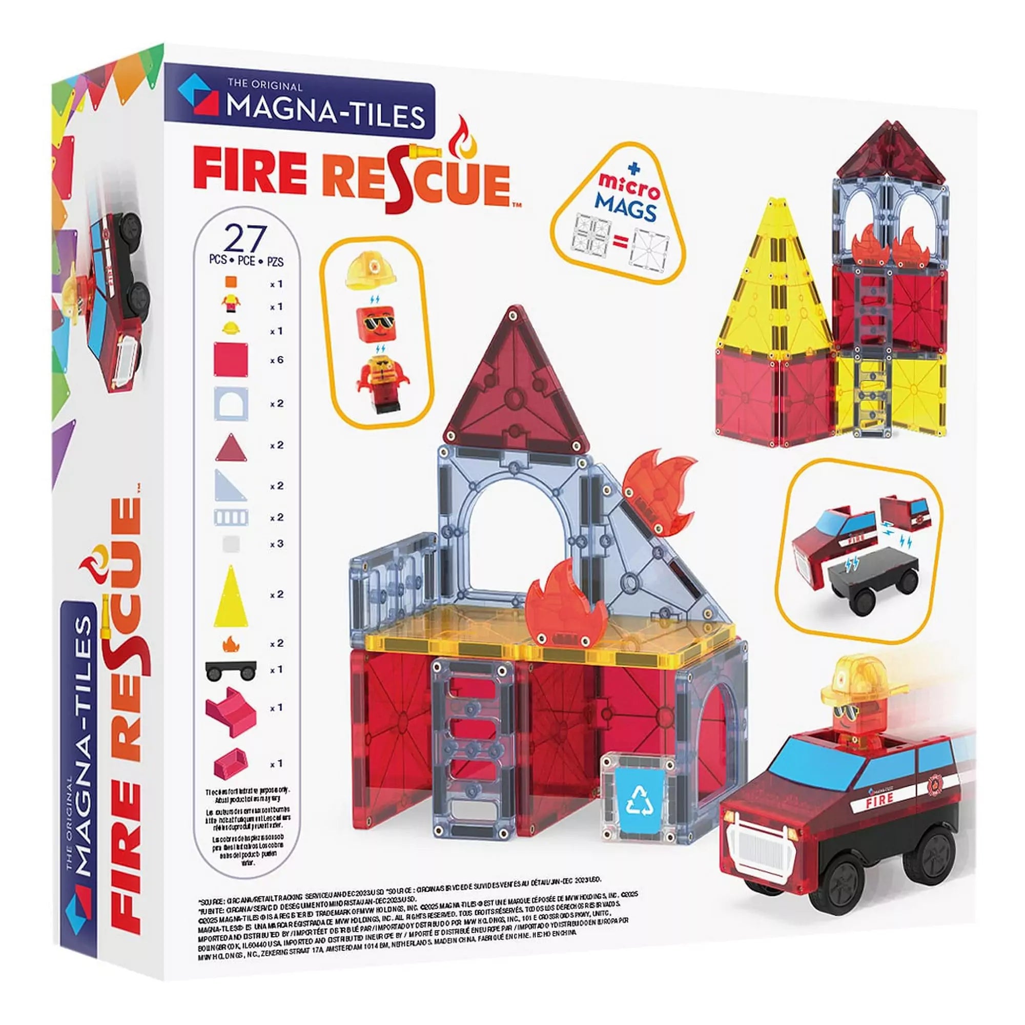 MAGNA-TILES Fire Rescue, 27 darabos készlet hátlapja, a doboz tartalmának és a tűzoltós játék jeleneteinek bemutatásával.
