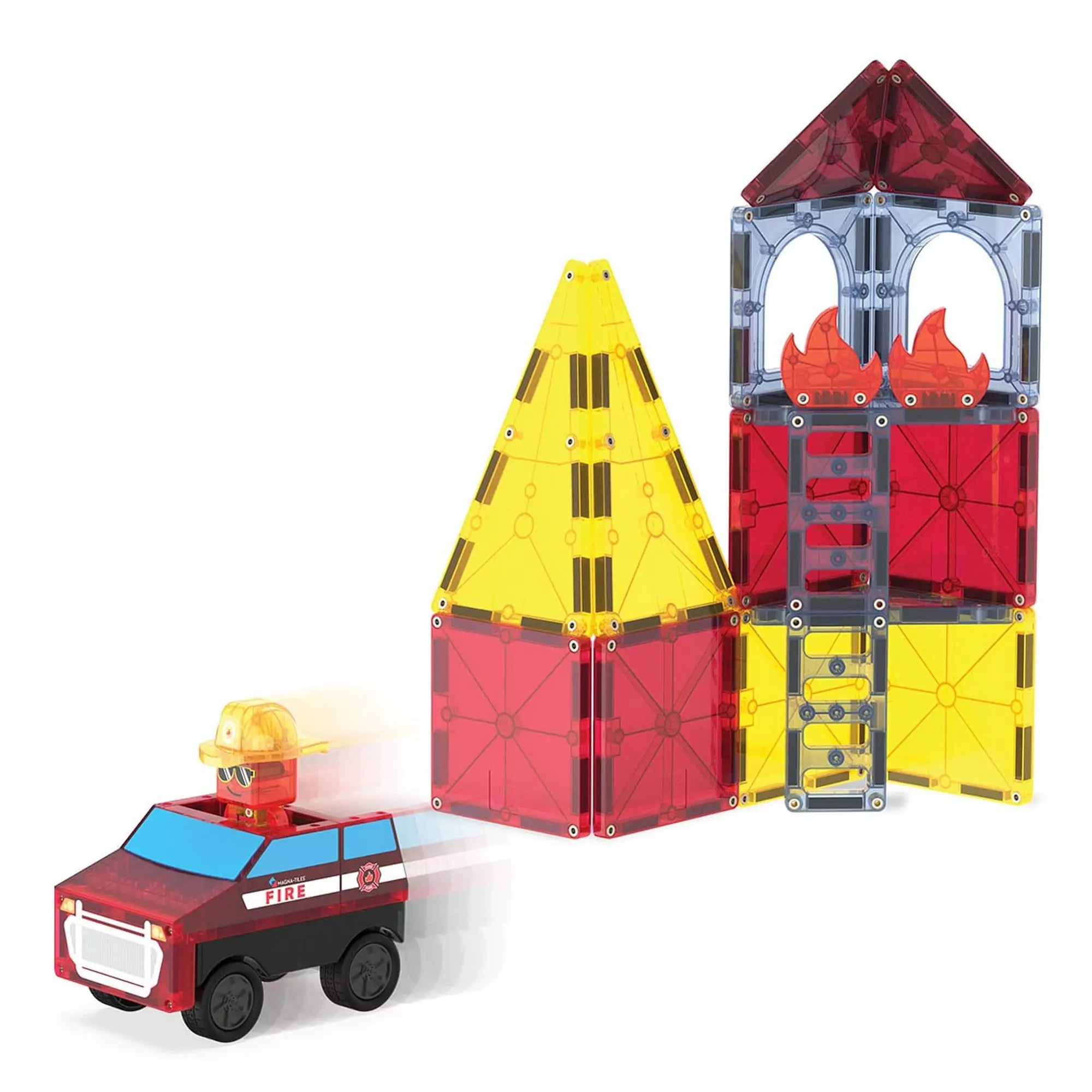 A MAGNA-TILES Fire Rescue, 27 darabos készletből épített torony és a mozgásban lévő tűzoltóautó figurával.