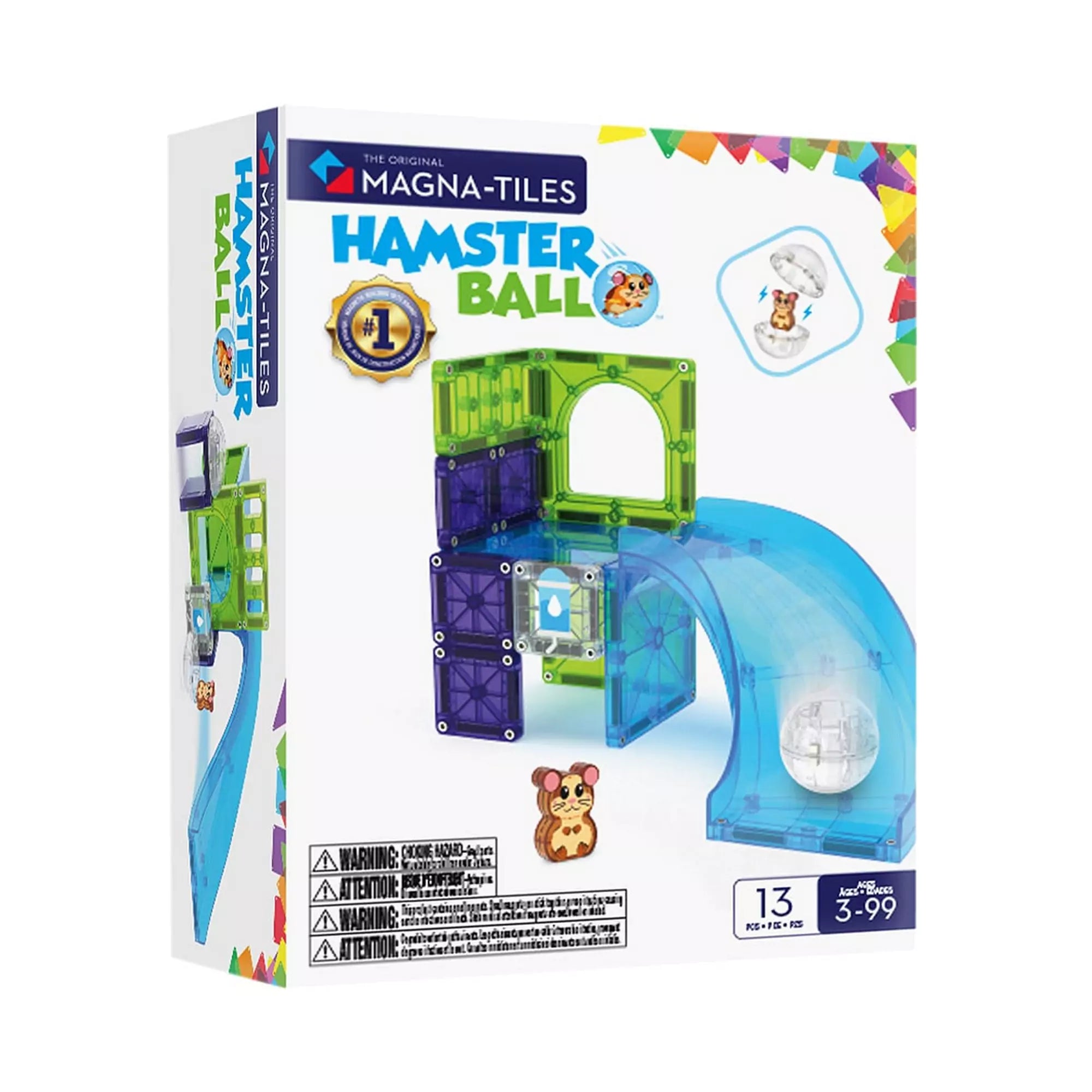 MAGNA-TILES Hamster Ball, 13 darabos készlet dobozkép, színes mágneses elemekkel és hörcsögfigurával.