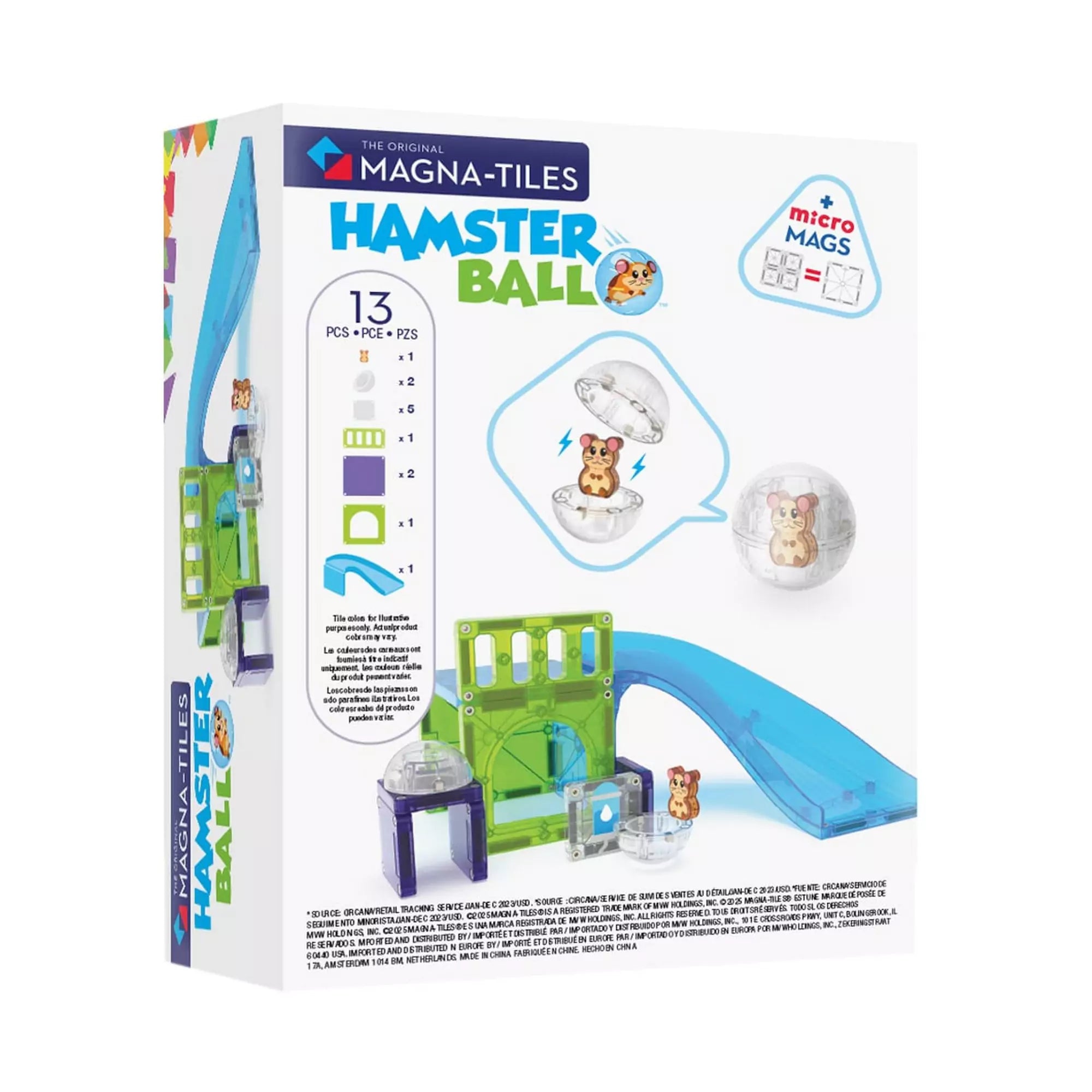 MAGNA-TILES Hamster Ball, 13 darabos készlet hátlapja, a doboz tartalmának és kiegészítőknek a bemutatásával.