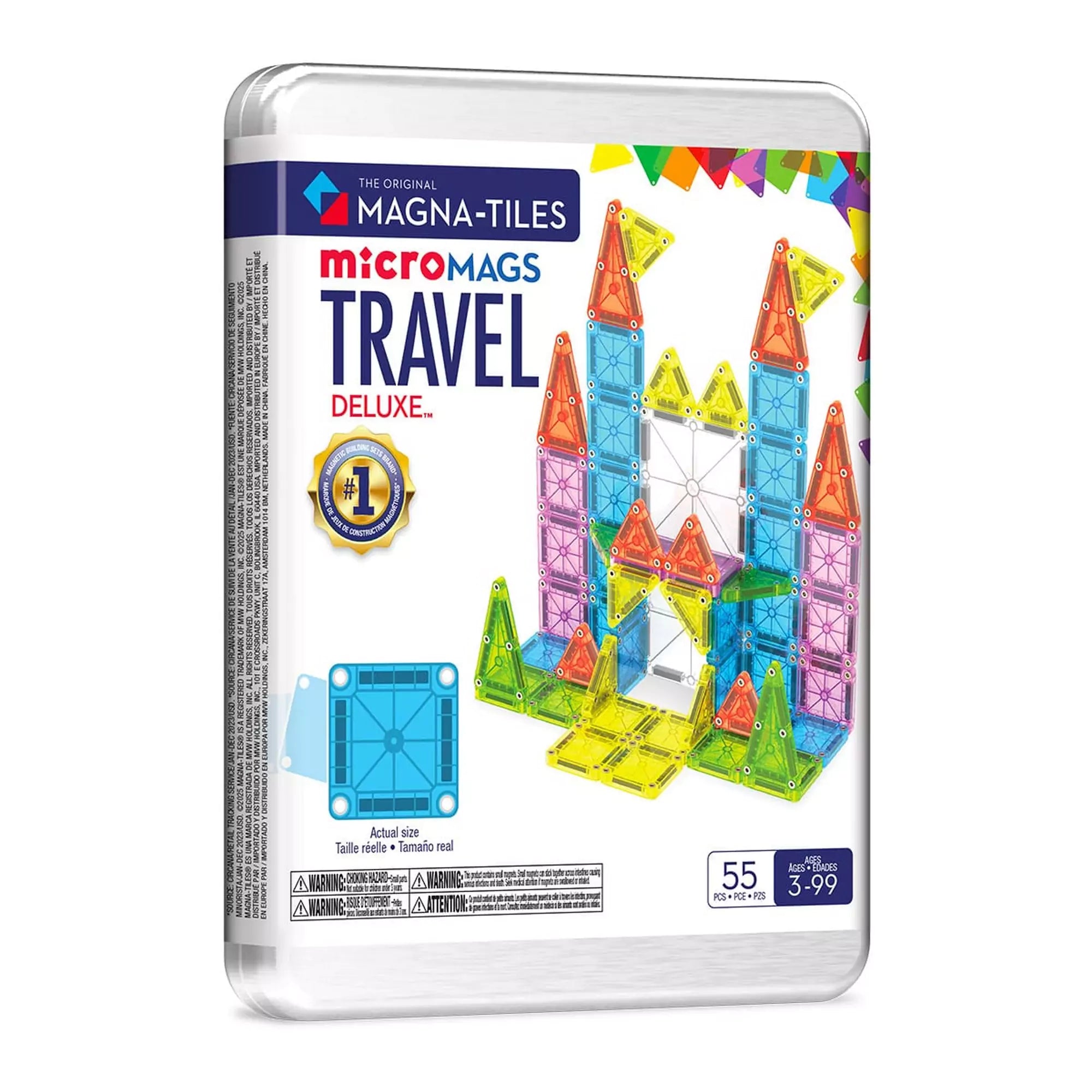 MAGNA-TILES MicroMAGS Travel Deluxe, 55 darabos készlet dobozkép, színes mágneses elemekkel és praktikus fémdobozzal.