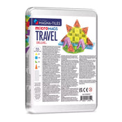 MAGNA-TILES MicroMAGS Travel Deluxe, 55 darabos készlet hátlapja, a csomag tartalmának és mágneses elemek bemutatásával.