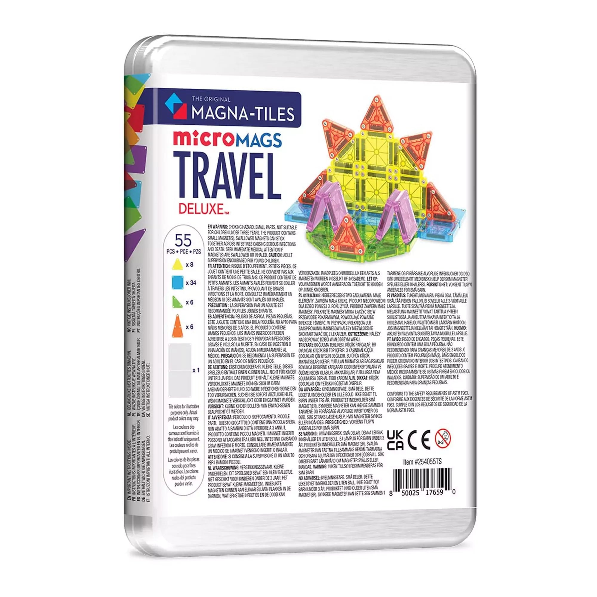 MAGNA-TILES MicroMAGS Travel Deluxe, 55 darabos készlet hátlapja, a csomag tartalmának és mágneses elemek bemutatásával.