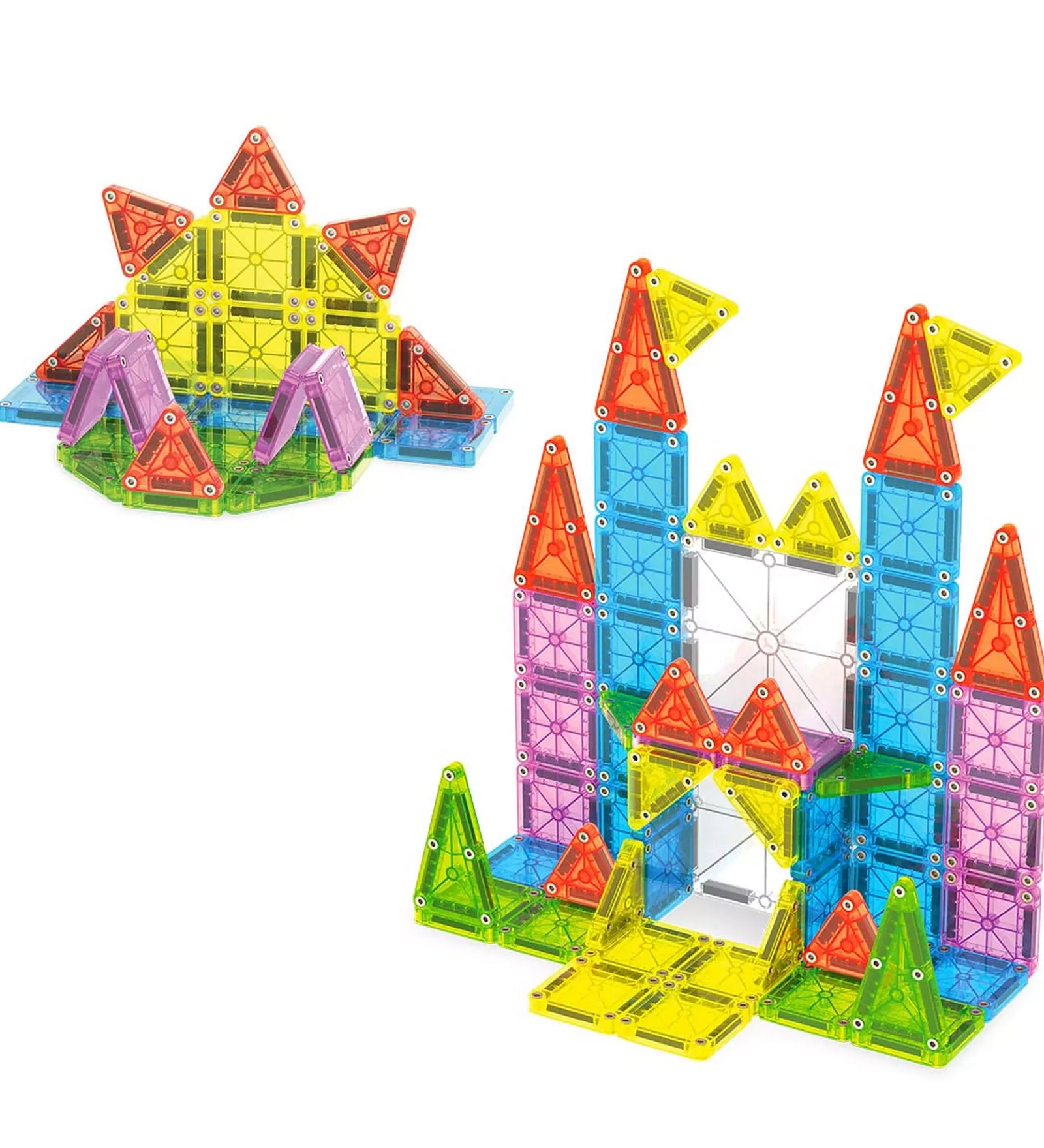 A MAGNA-TILES MicroMAGS Travel Deluxe, 55 darabos készletből épített színes alakzatok, hordozható játékkészlet utazáshoz.