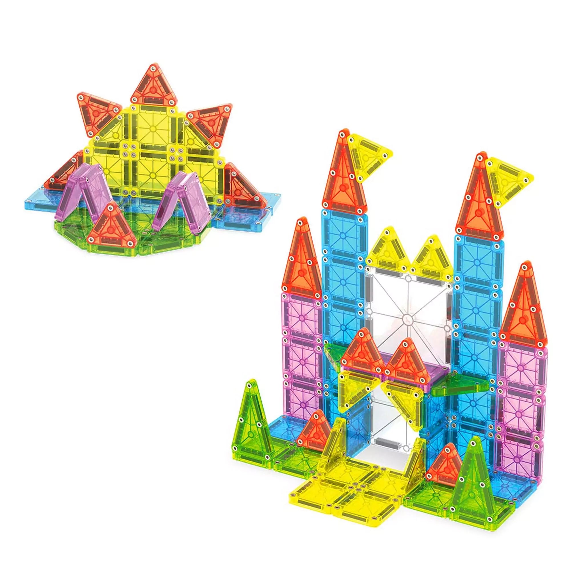 A MAGNA-TILES MicroMAGS Travel Deluxe, 55 darabos készletből épített színes alakzatok, hordozható játékkészlet utazáshoz.