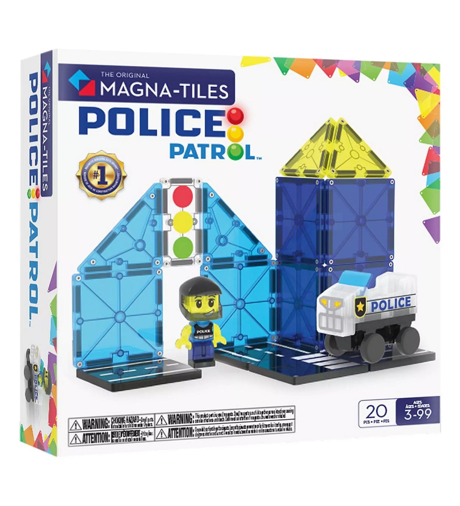 „MAGNA-TILES Police Patrol, 20 darabos készlet doboza, rendőrautóval, rendőrfigurával és kék-sárga mágneses építőelemekkel.”