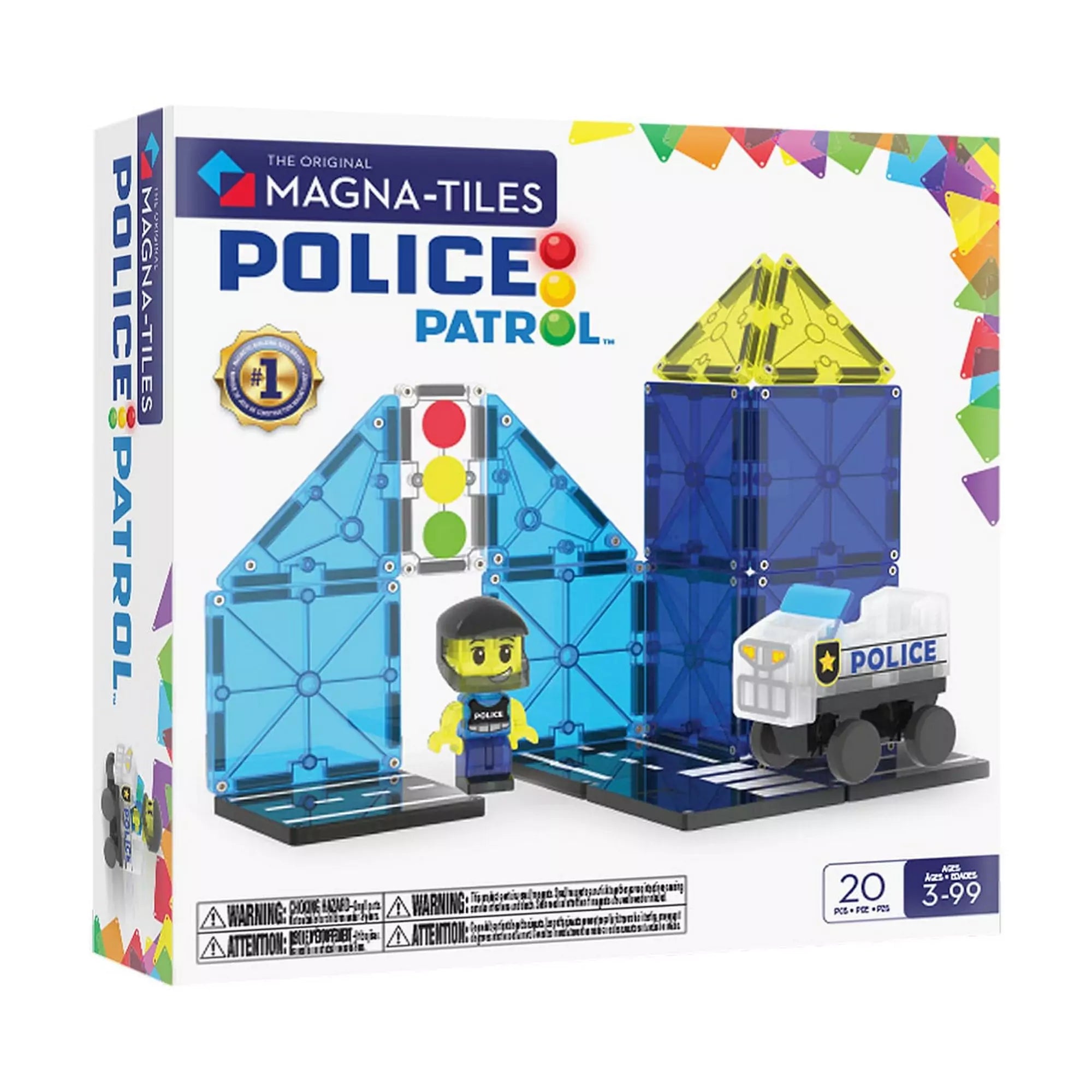 „MAGNA-TILES Police Patrol, 20 darabos készlet doboza, rendőrautóval, rendőrfigurával és kék-sárga mágneses építőelemekkel.”