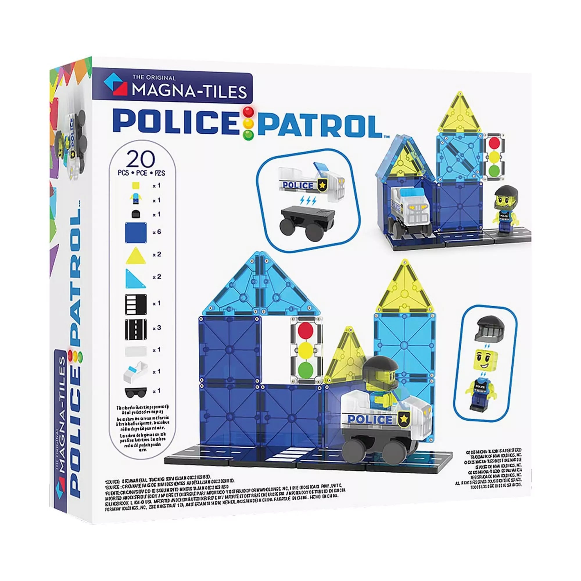 „MAGNA-TILES Police Patrol, 20 darabos készlet hátlapja, a tartozékokkal és különböző rendőrségi játékkonstrukciókkal.”