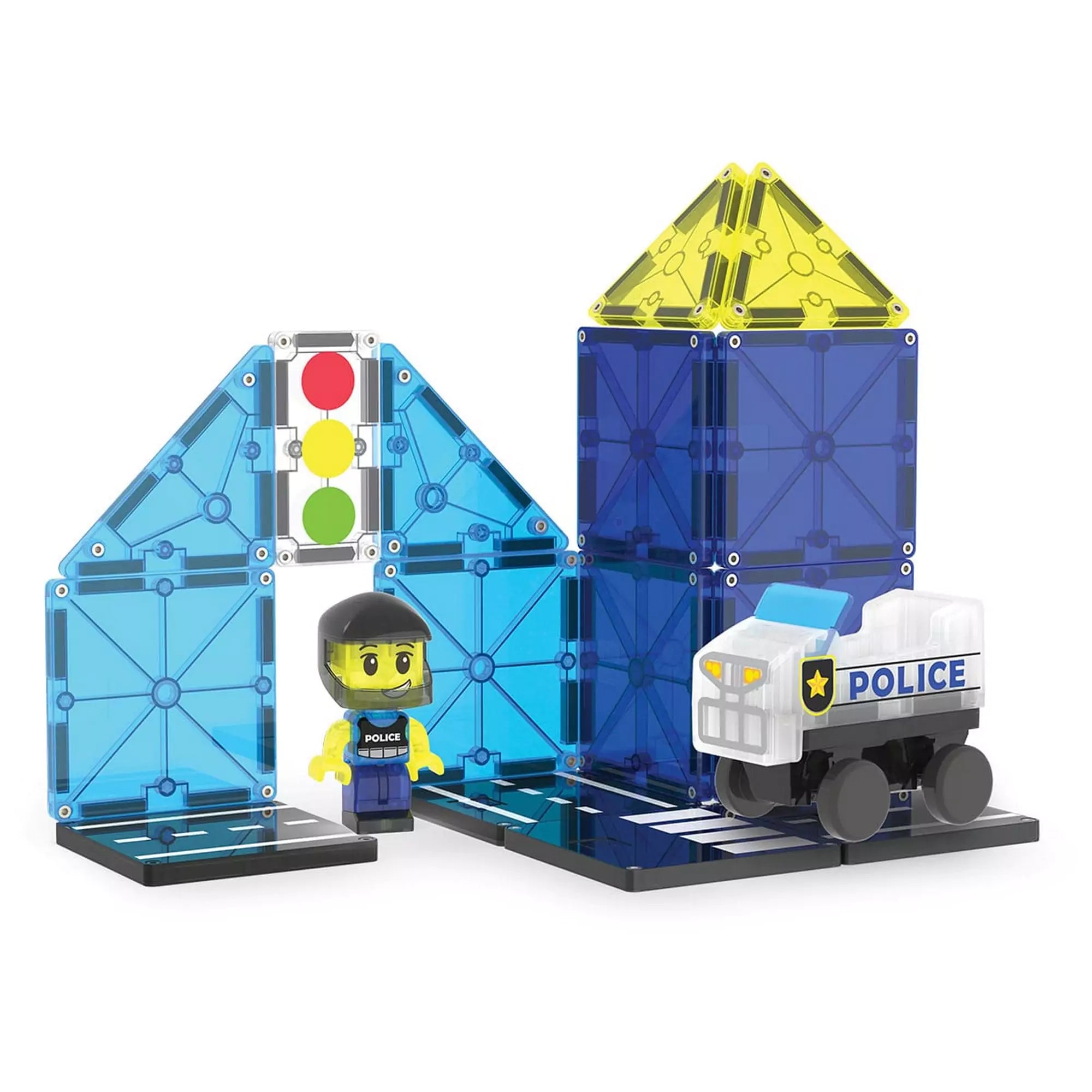 „MAGNA-TILES Police Patrol, 20 darabos készlet felépített rendőrségi állomással, rendőrfigurával és mágneses rendőrautóval.”