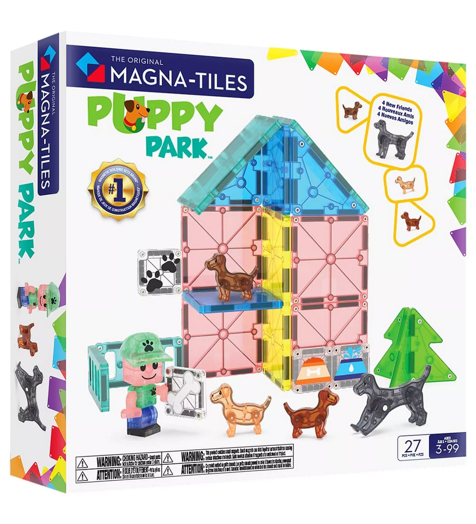 MAGNA-TILES Puppy Park, 27 darabos készlet dobozkép, színes mágneses elemekkel, kutyus figurákkal és építhető házzal.