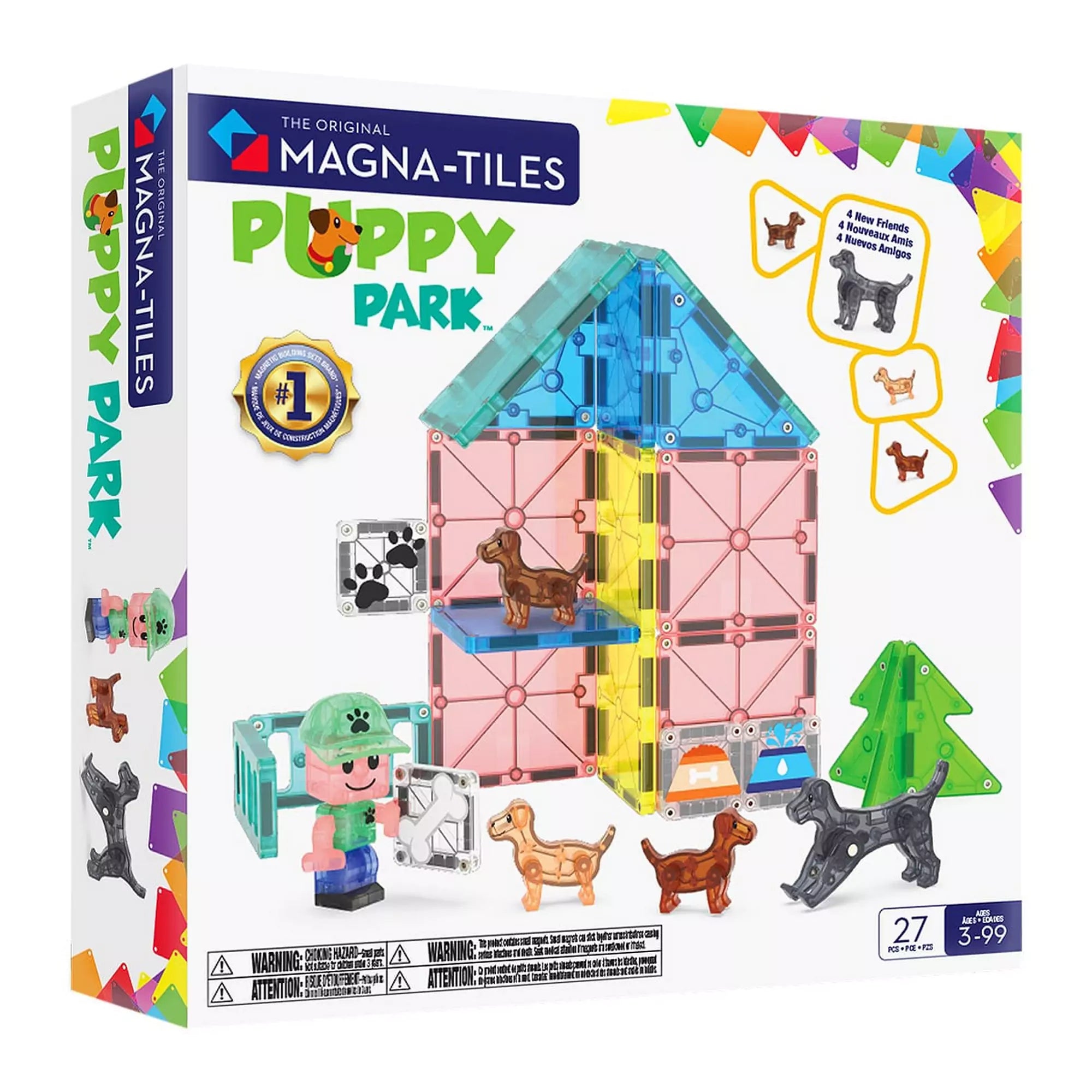 MAGNA-TILES Puppy Park, 27 darabos készlet dobozkép, színes mágneses elemekkel, kutyus figurákkal és építhető házzal.