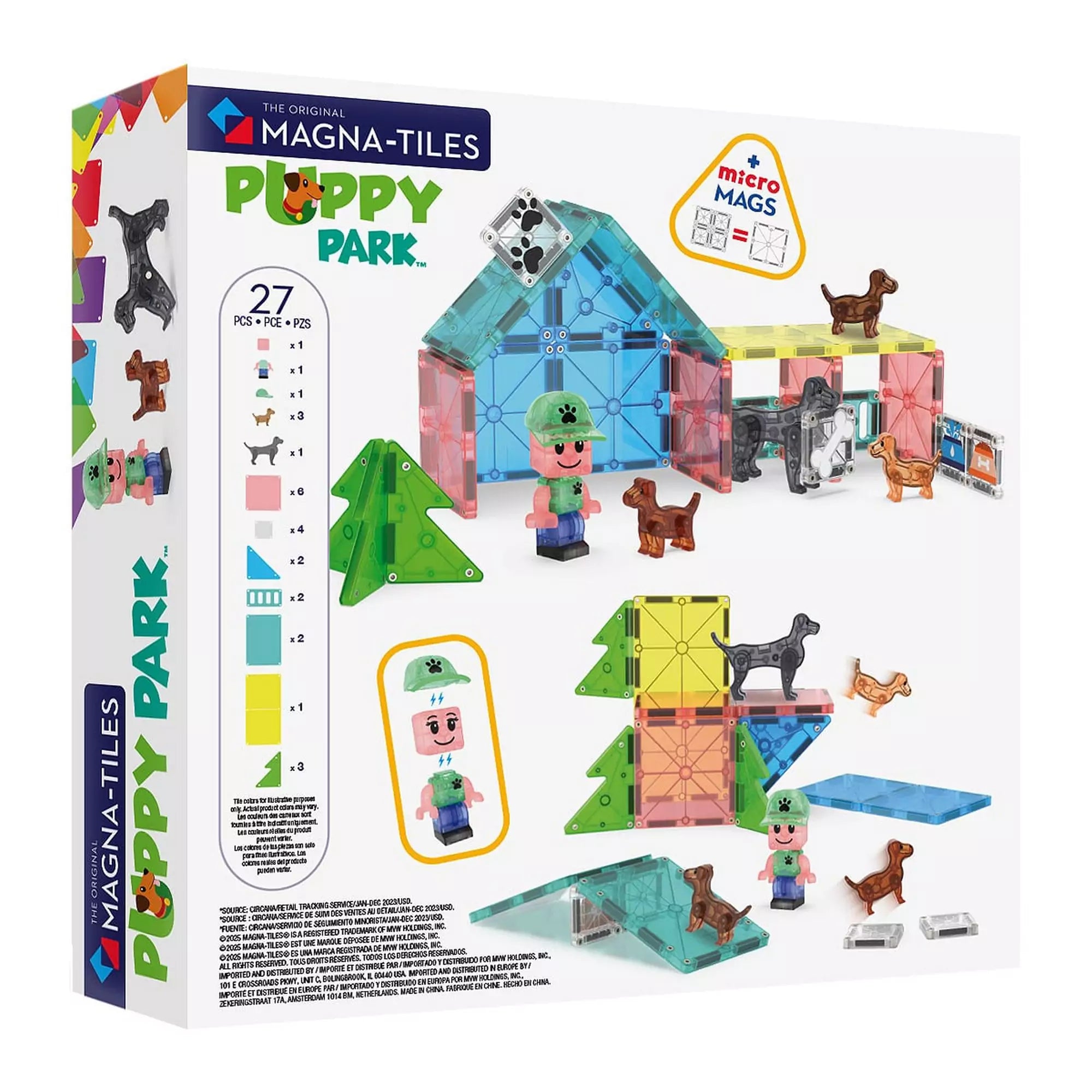 MAGNA-TILES Puppy Park, 27 darabos készlet hátlapja, a doboz tartalmának és a kutyusos játék jeleneteinek bemutatásával.