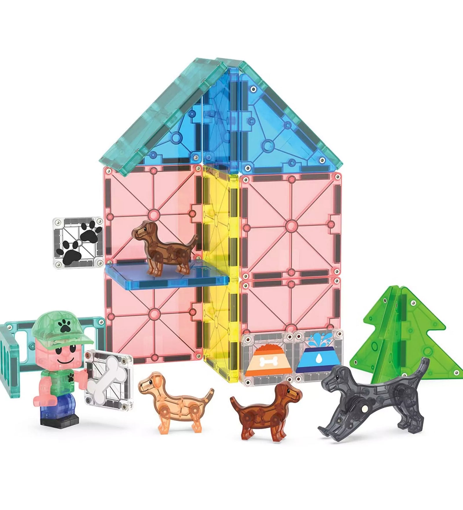 A MAGNA-TILES Puppy Park, 27 darabos készletből épített ház kutyus figurákkal és játékos kiegészítőkkel.