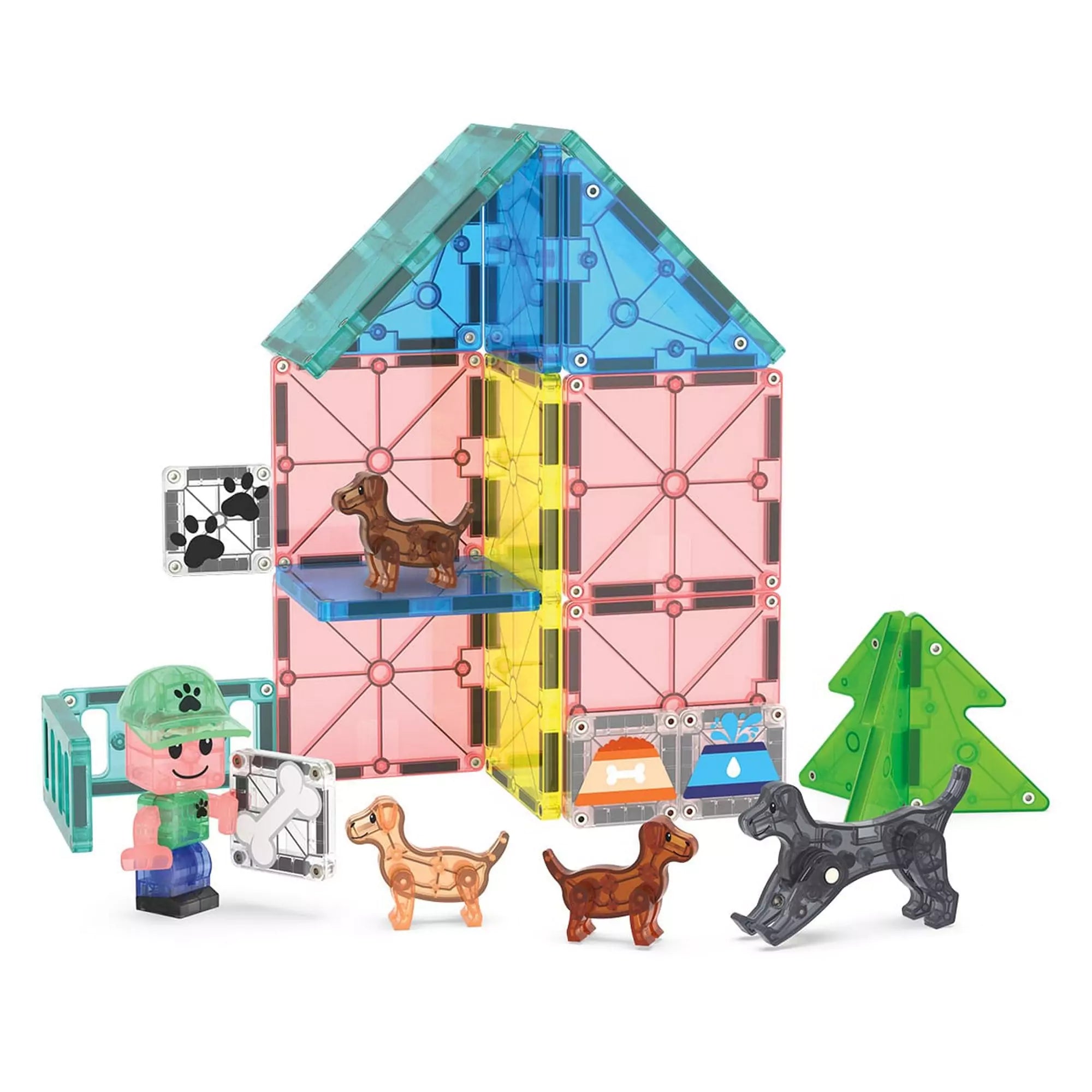 A MAGNA-TILES Puppy Park, 27 darabos készletből épített ház kutyus figurákkal és játékos kiegészítőkkel.