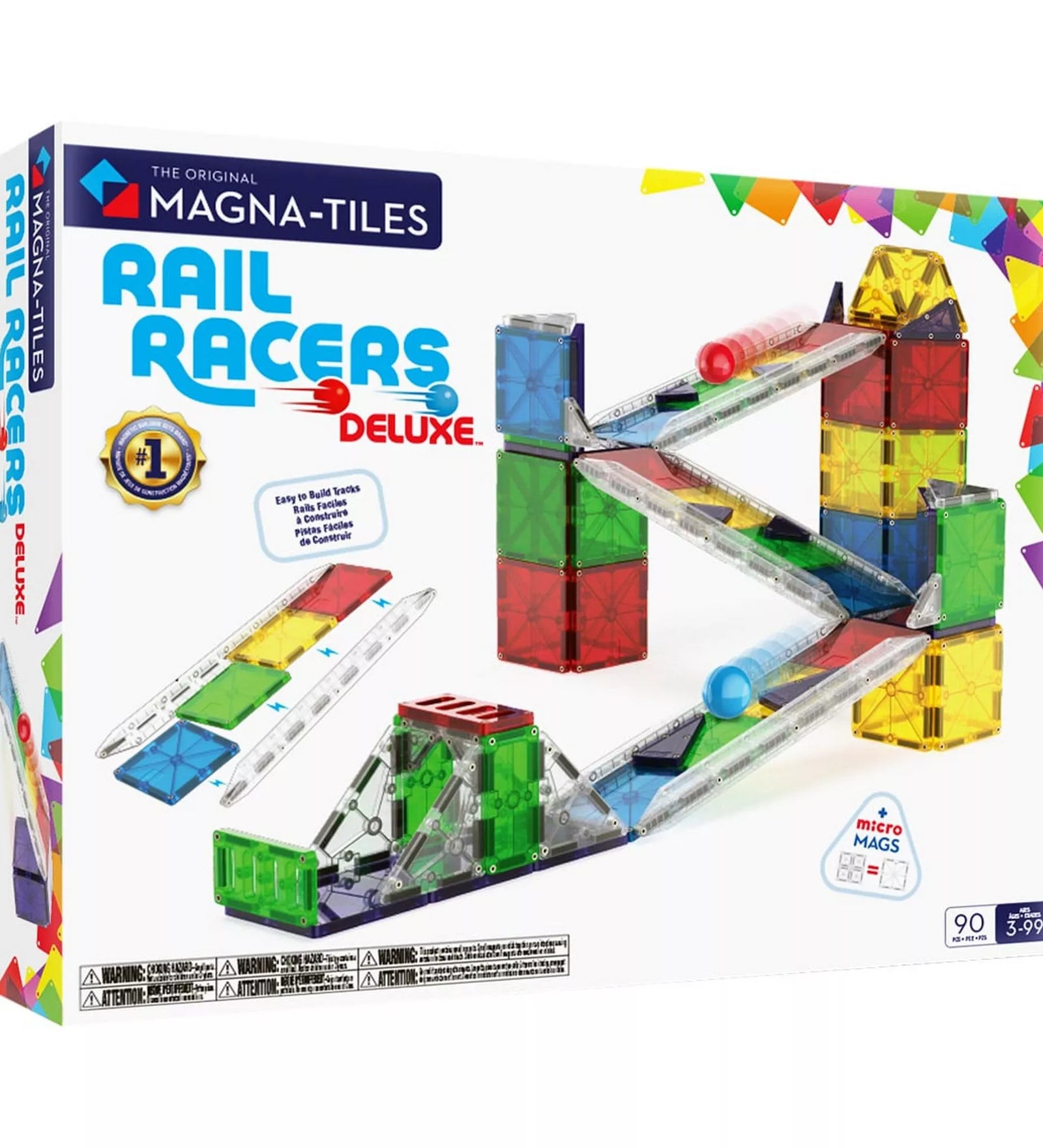 A MAGNA-TILES Rail Racers Deluxe 90 darabos mágneses építőkészlet doboza, amelyen egy színes, átlátszó sínekkel és golyókkal kiegészített versenypálya látható. A csomag microMAGS technológiát is tartalmaz, ami megkönnyíti az építést.