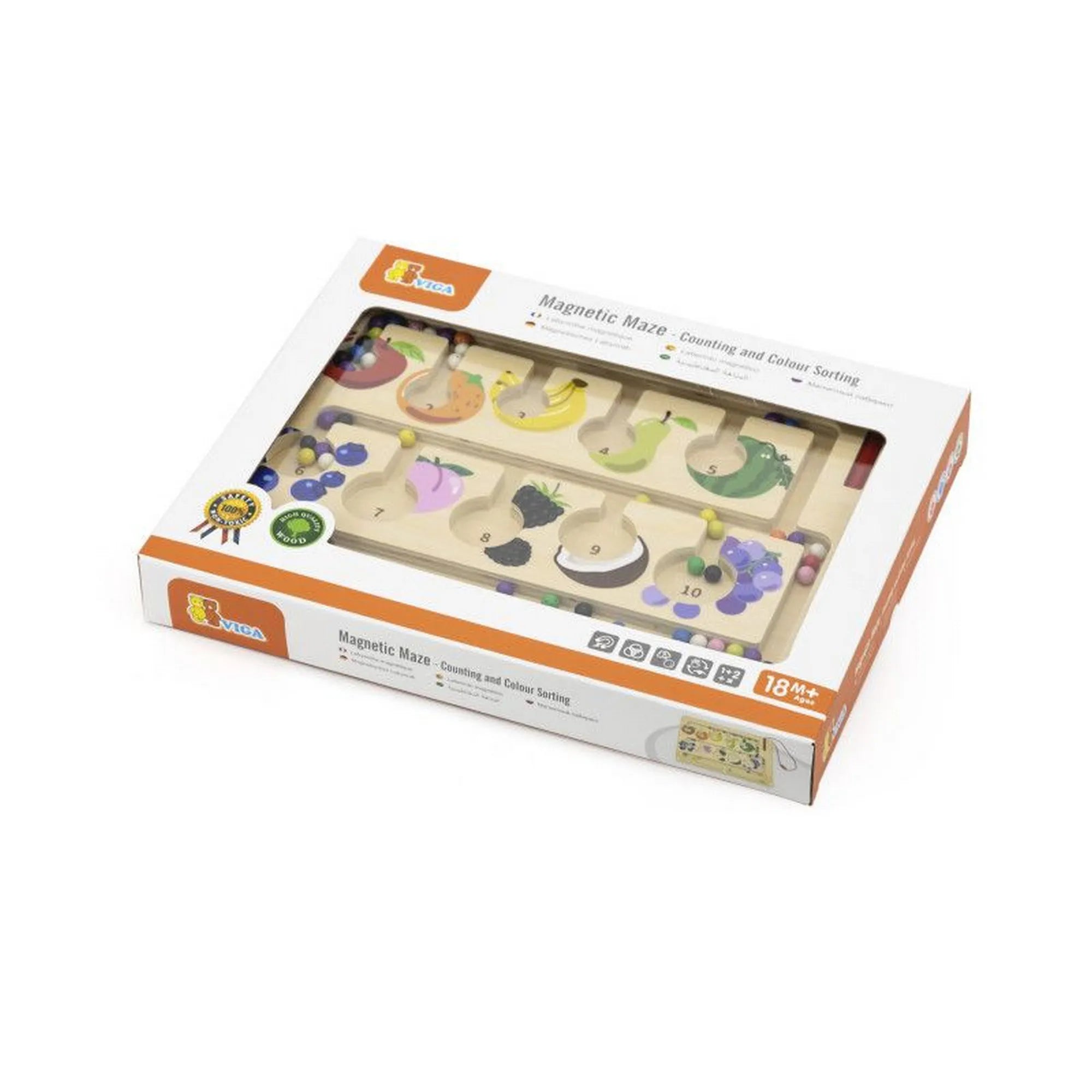 A VIGA mágneses labirintus – számolj és valogasd ki a szineket játék doboza, amelyen a gyümölcsös fa tábla és a mágneses pálca látható.