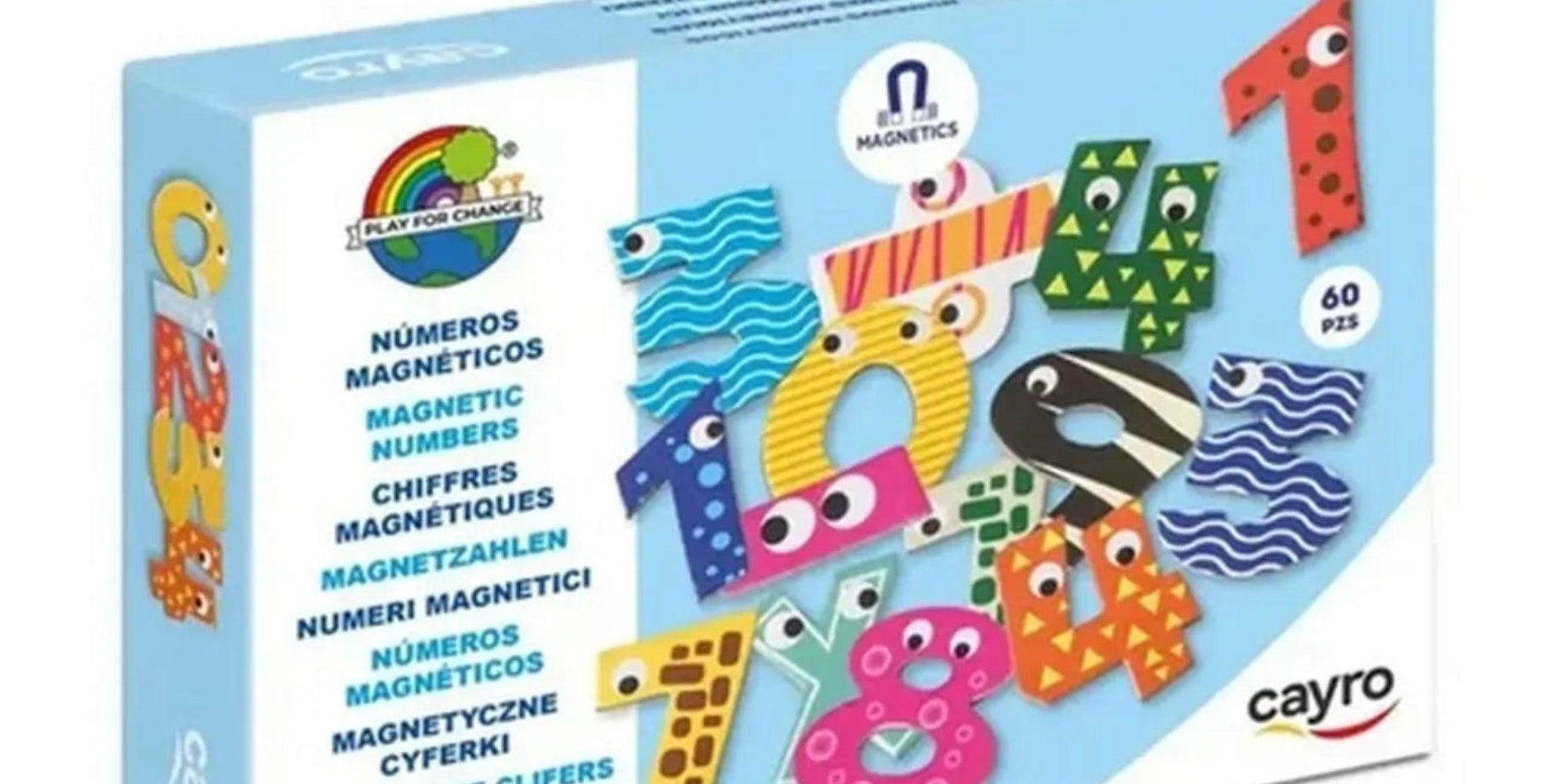 Mágneses számok és műveletjelek, 60 darabos, Cayro dobozképe színes, állatmintás mágneses számokkal és jelekkel a csomagolás elején.