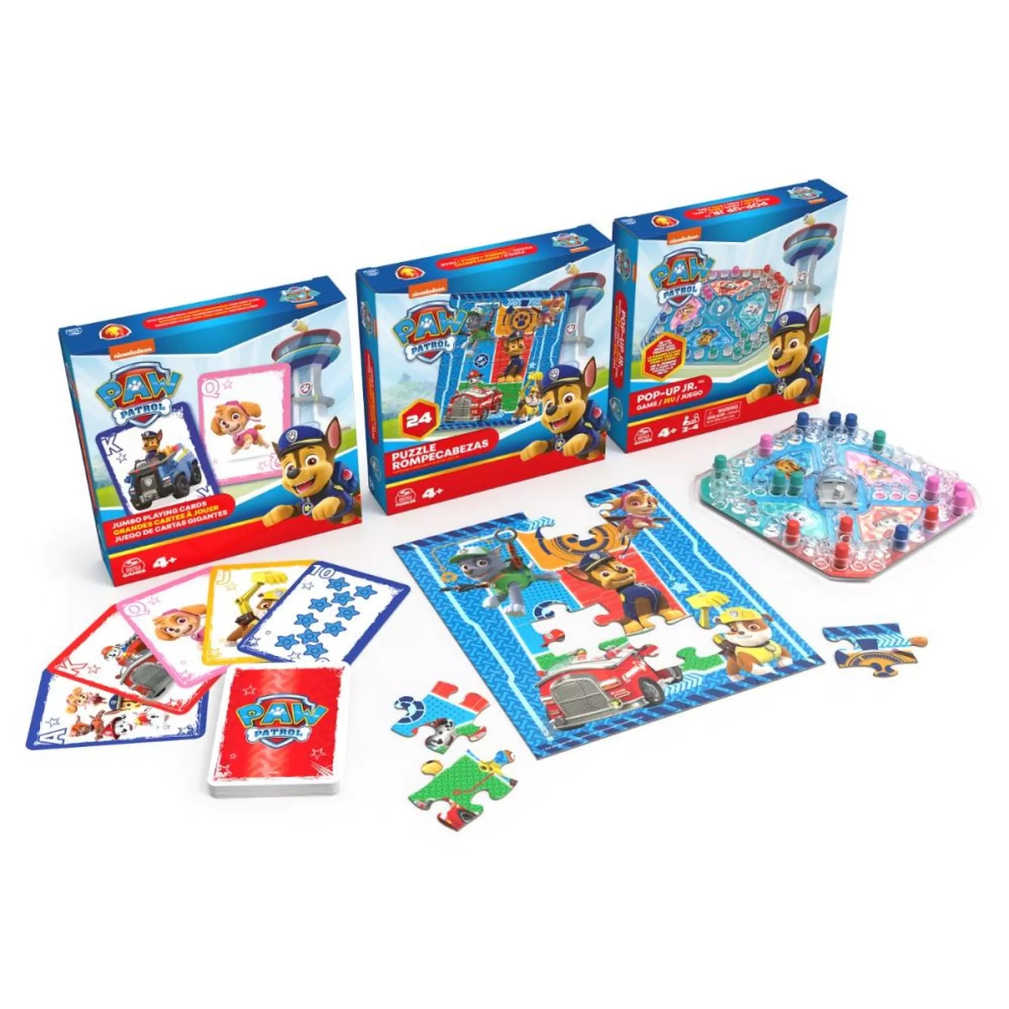 Teljes Paw Patrol 3 az 1-ben szett kibontva: dobozok, puzzle, Pop-Up társasjáték és kártyák.