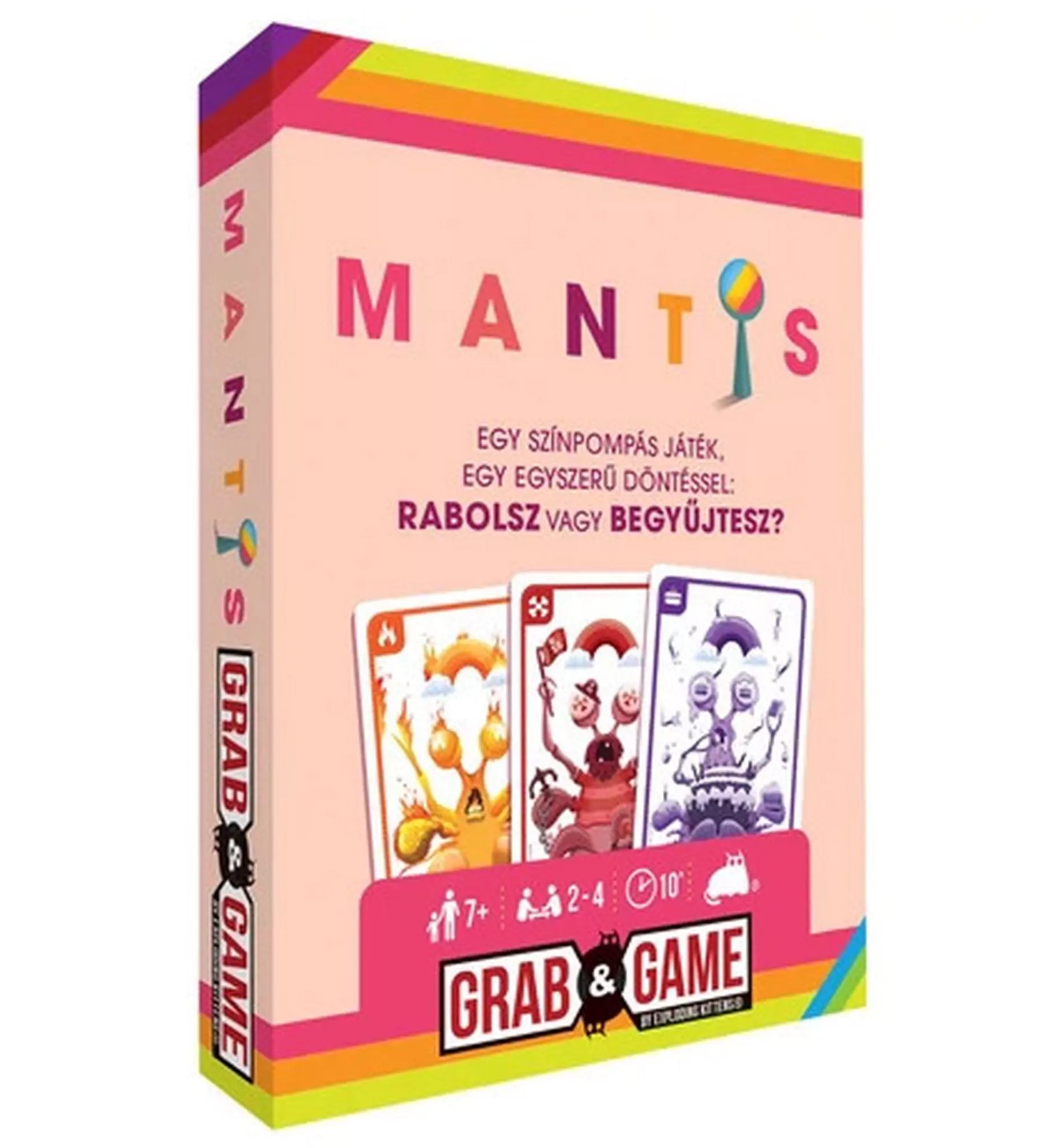 Mantis, magyar nyelvű társasjáték – a színes doboz elején három különböző kártya látható, a játék szlogenje pedig a döntésről szól: „RABOLSZ vagy BEGYŰJTESZ?”