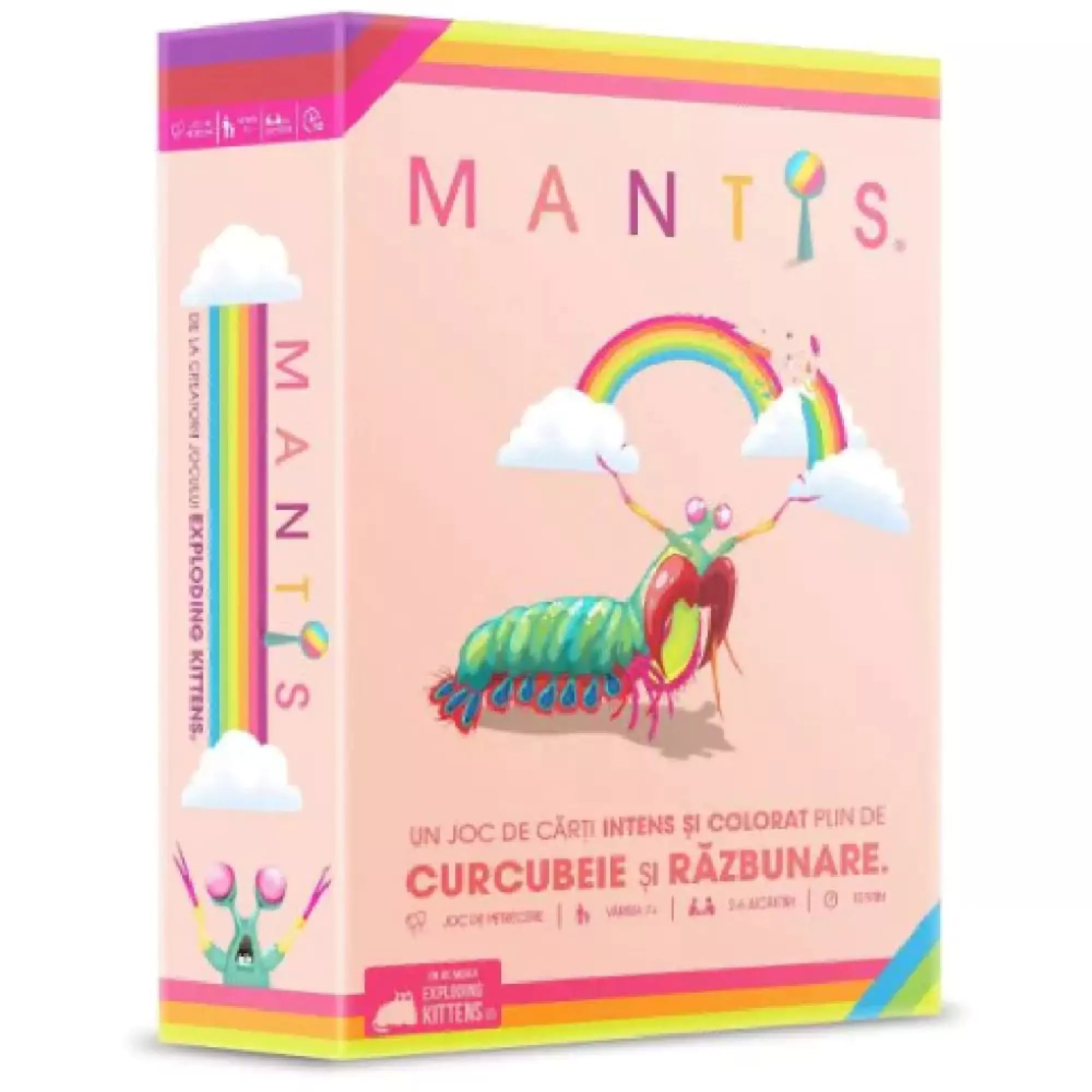 A Mantis kártyajáték doboza, amely színes, vidám illusztrációkkal és egy szivárványos mantisszal díszített.