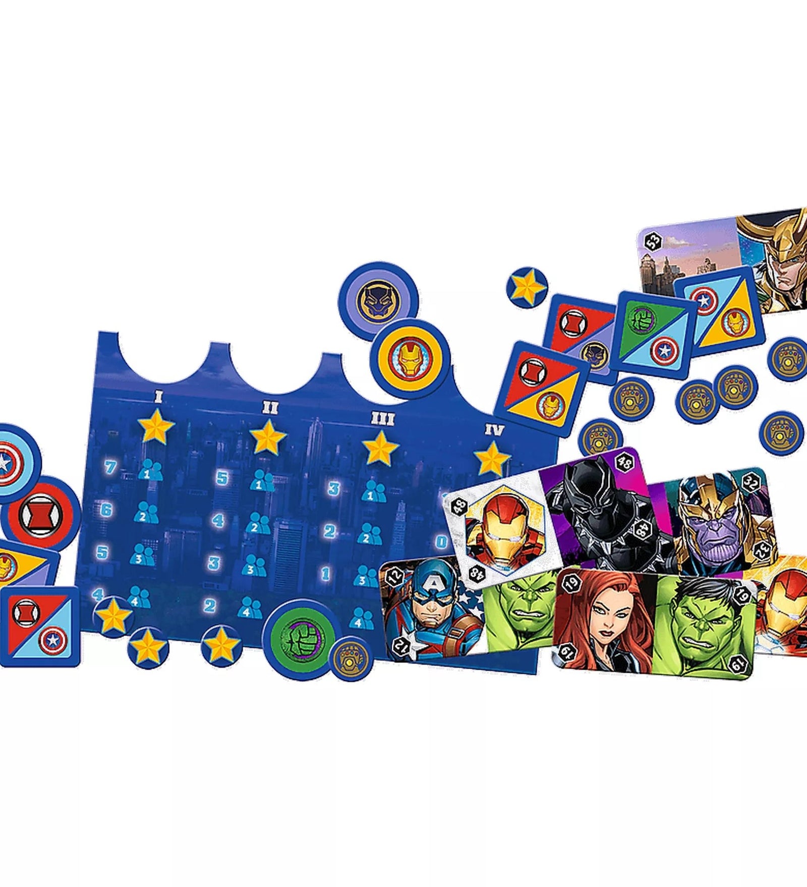 A Marvel: Battle for Manhattan társasjáték elemei: hőskártyák a Bosszúállókkal, mint Vasember, Hulk, Fekete Özvegy és Amerika Kapitány, valamint különböző korongok, pontjelzők és egy kék játéktábla csillag ikonokkal. A látványos grafikák a Marvel-univerzum stílusát tükrözik.