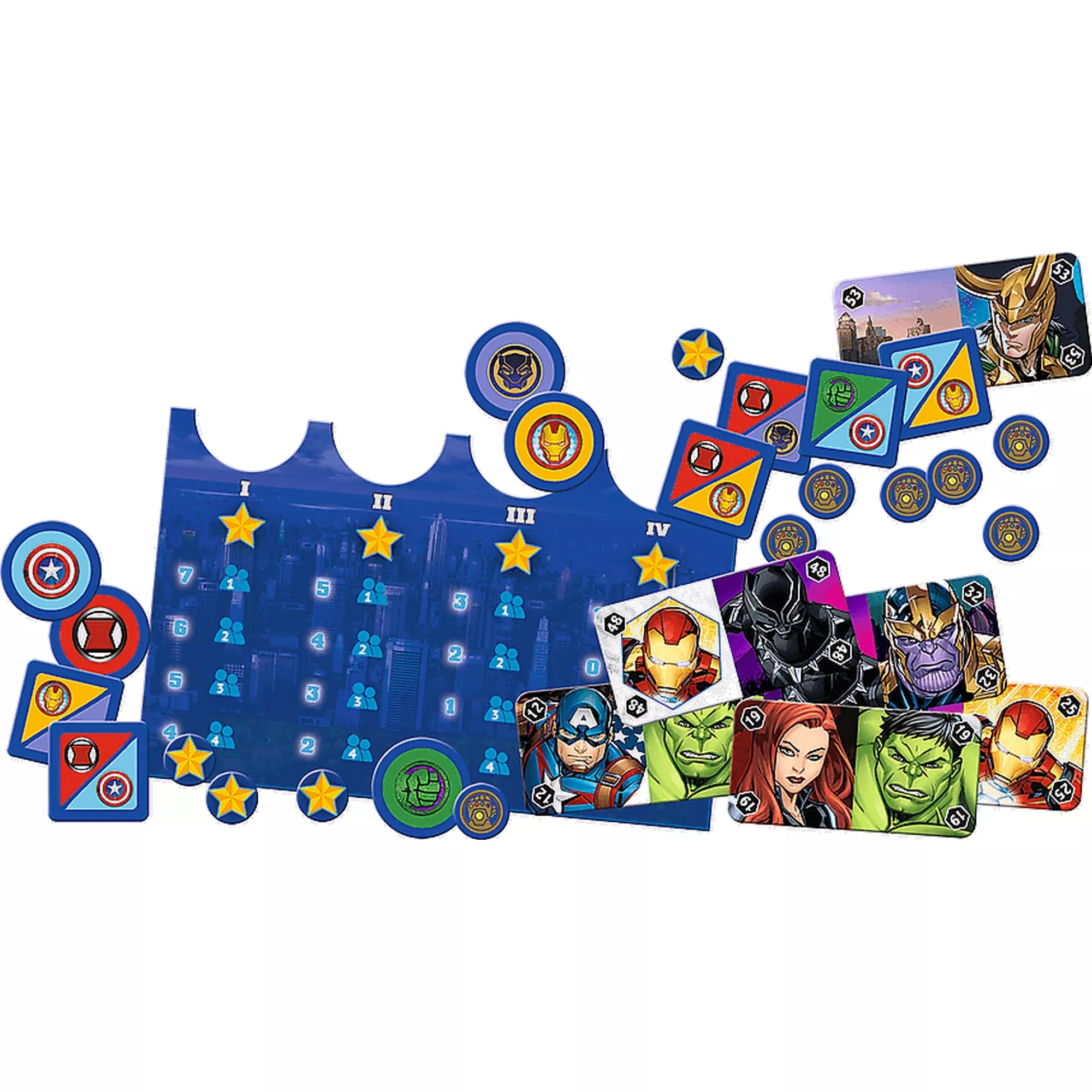 A Marvel: Battle for Manhattan társasjáték elemei: hőskártyák a Bosszúállókkal, mint Vasember, Hulk, Fekete Özvegy és Amerika Kapitány, valamint különböző korongok, pontjelzők és egy kék játéktábla csillag ikonokkal. A látványos grafikák a Marvel-univerzum stílusát tükrözik.