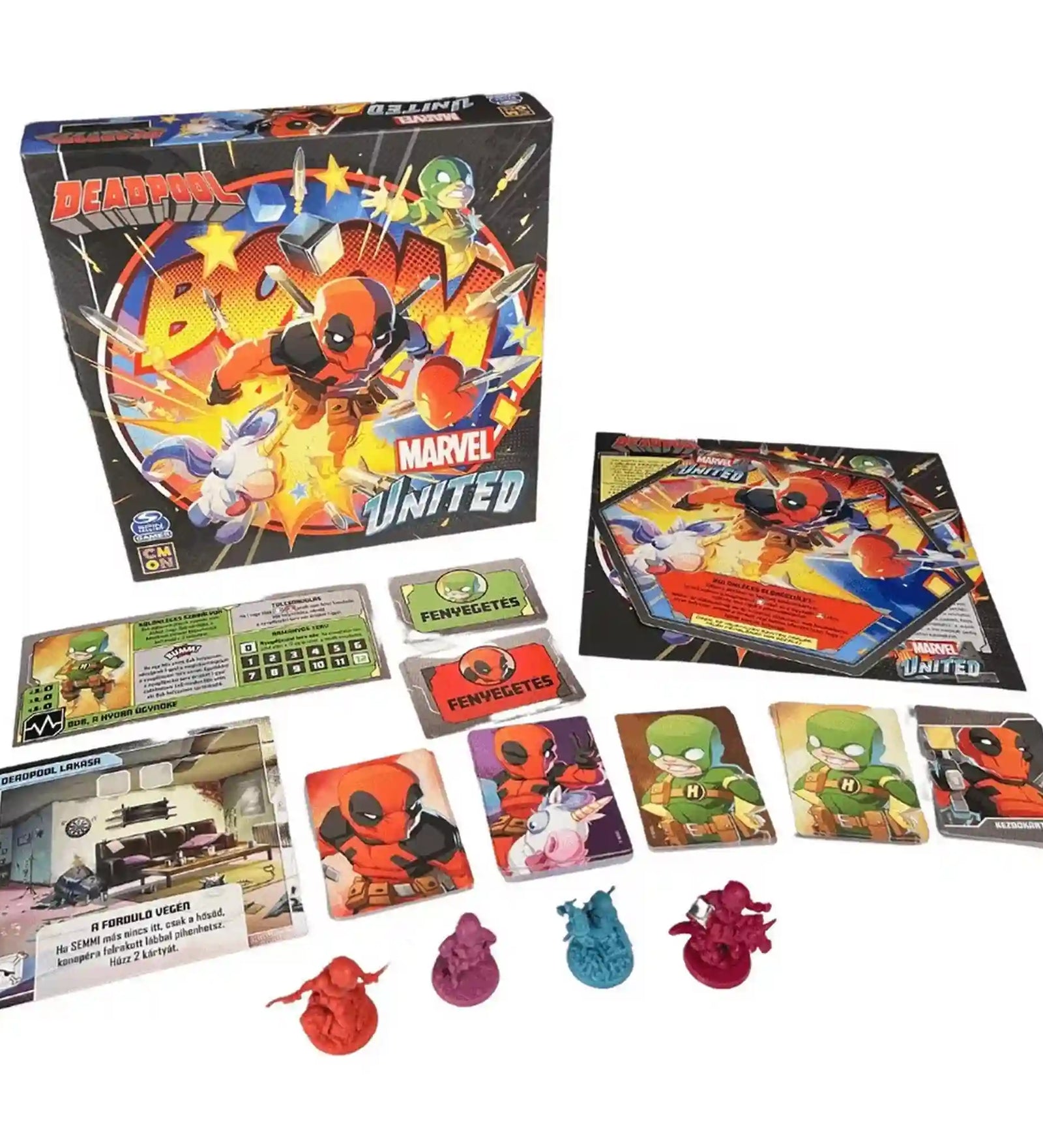 A Marvel United: Deadpool kiegészítő összes tartalma: játéktáblaelemek, karakter- és küldetéskártyák, jelölők, valamint négy színes figura a doboz mellett elrendezve.