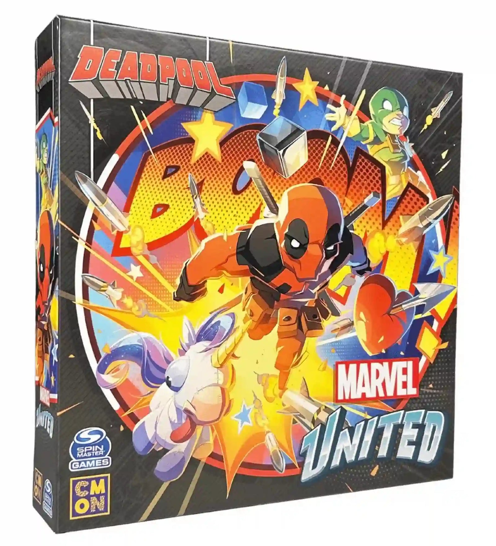 Marvel United: Deadpool magyar nyelvű kiegészítő doboza, amelyen Deadpool robbanásszerű akció közben látható, körülötte képregényszerű effektekkel, rakétákkal és színes hátterű illusztrációkkal.