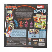 A Marvel United: Deadpool kiegészítő hátoldala, amely bemutatja a játékelemeket, a karakterfigurákat, a kártyákat, a tartozékokat és a magyar nyelvű ismertetőt.