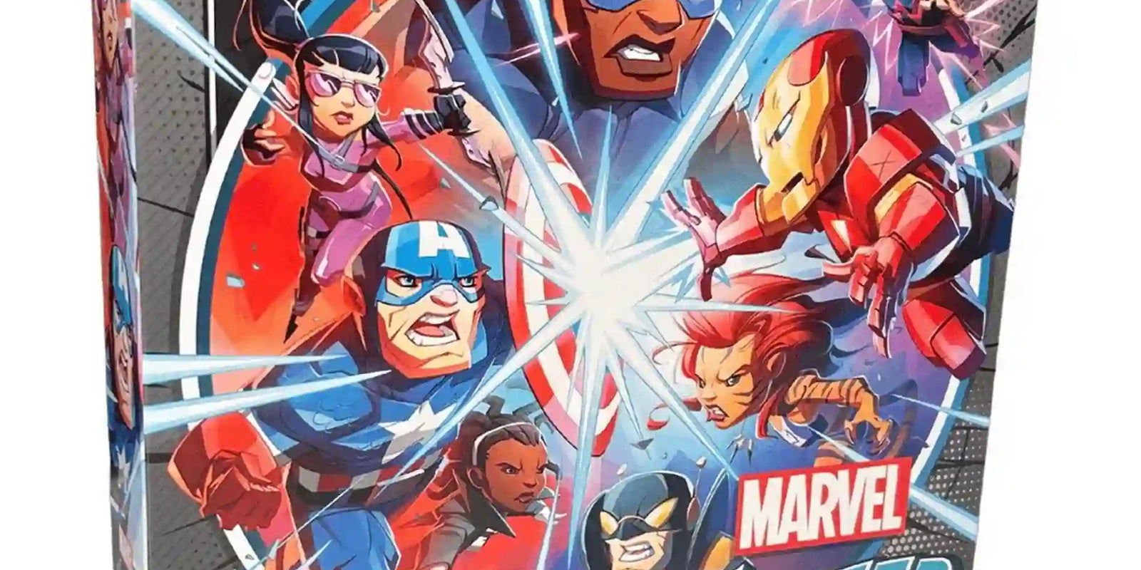Marvel United: Polgárháború magyar nyelvű kiegészítő társasjáték doboza szemből, a Polgárháború történet ikonikus Marvel hőseivel.