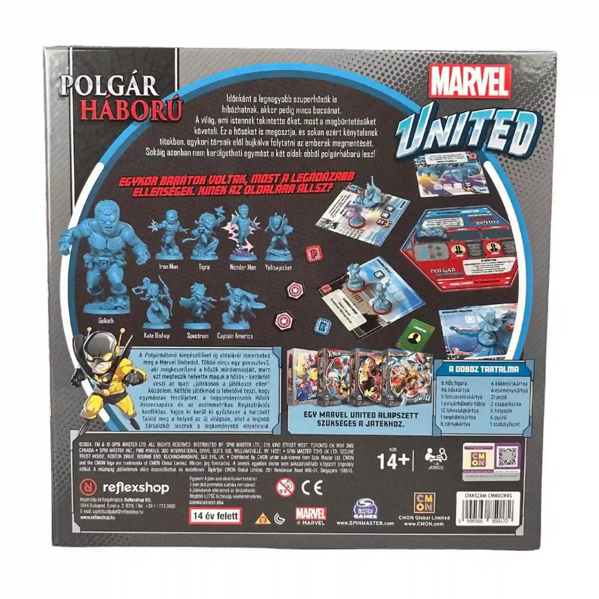 Marvel United: Polgárháború magyar nyelvű kiegészítő társasjáték dobozának hátoldala a játéktartalommal, figurákkal és játékelemekkel.