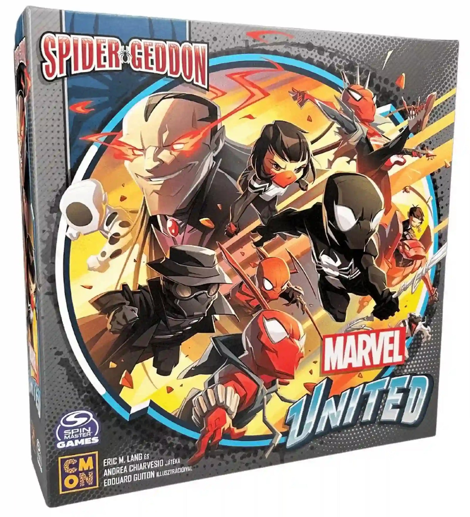Marvel United: Spider-Geddon magyar nyelvű társasjáték doboza, amelyen a Pókverzum hősei és ellenfelei láthatók látványos képregényes grafikával.