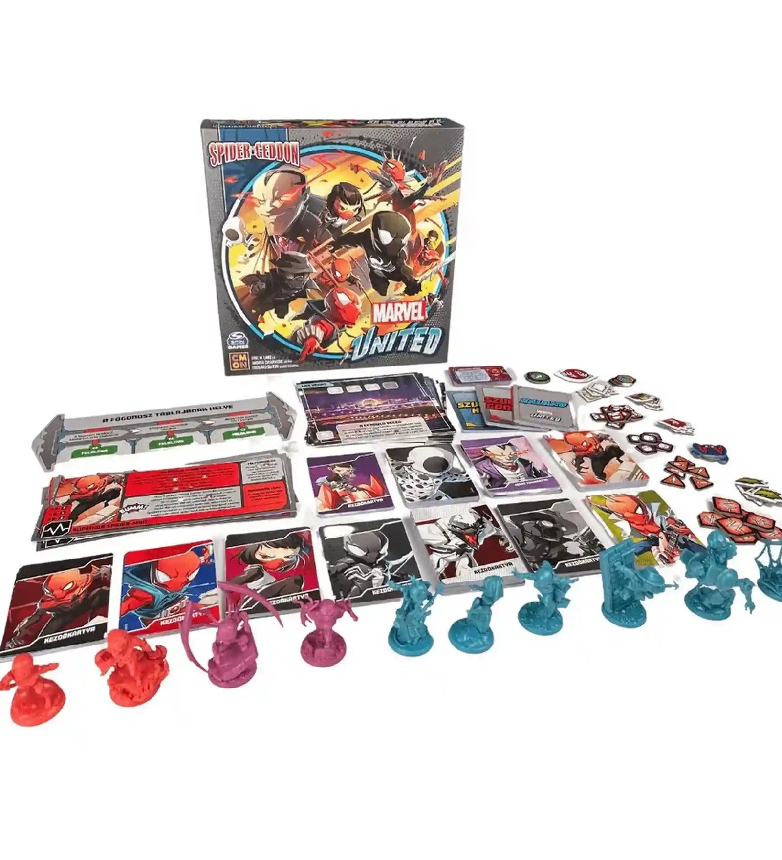 A Marvel United: Spider-Geddon társasjáték teljes tartalma: figurák, karakterkártyák, főgonosz-tábla, jelölők, helyszínlapok és egyéb játékelemek a doboz előtt elrendezve.