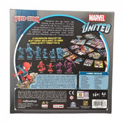 A Marvel United: Spider-Geddon dobozának hátoldala, amely bemutatja a figurákat, kártyákat, játékelemeket és a doboz tartalmát.