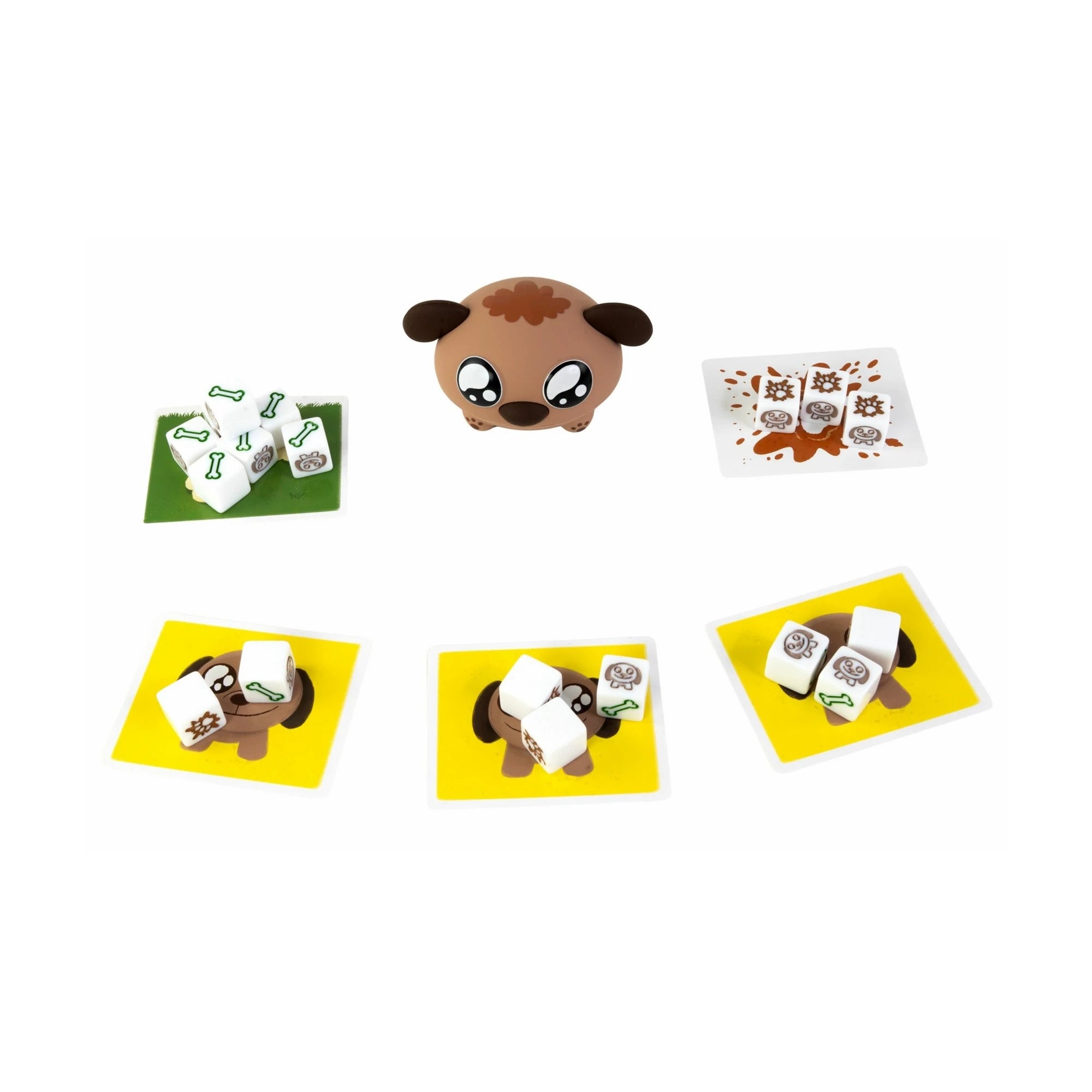 Maszat társasjáték játék közben dobókockákkal és sártócsakártyával.