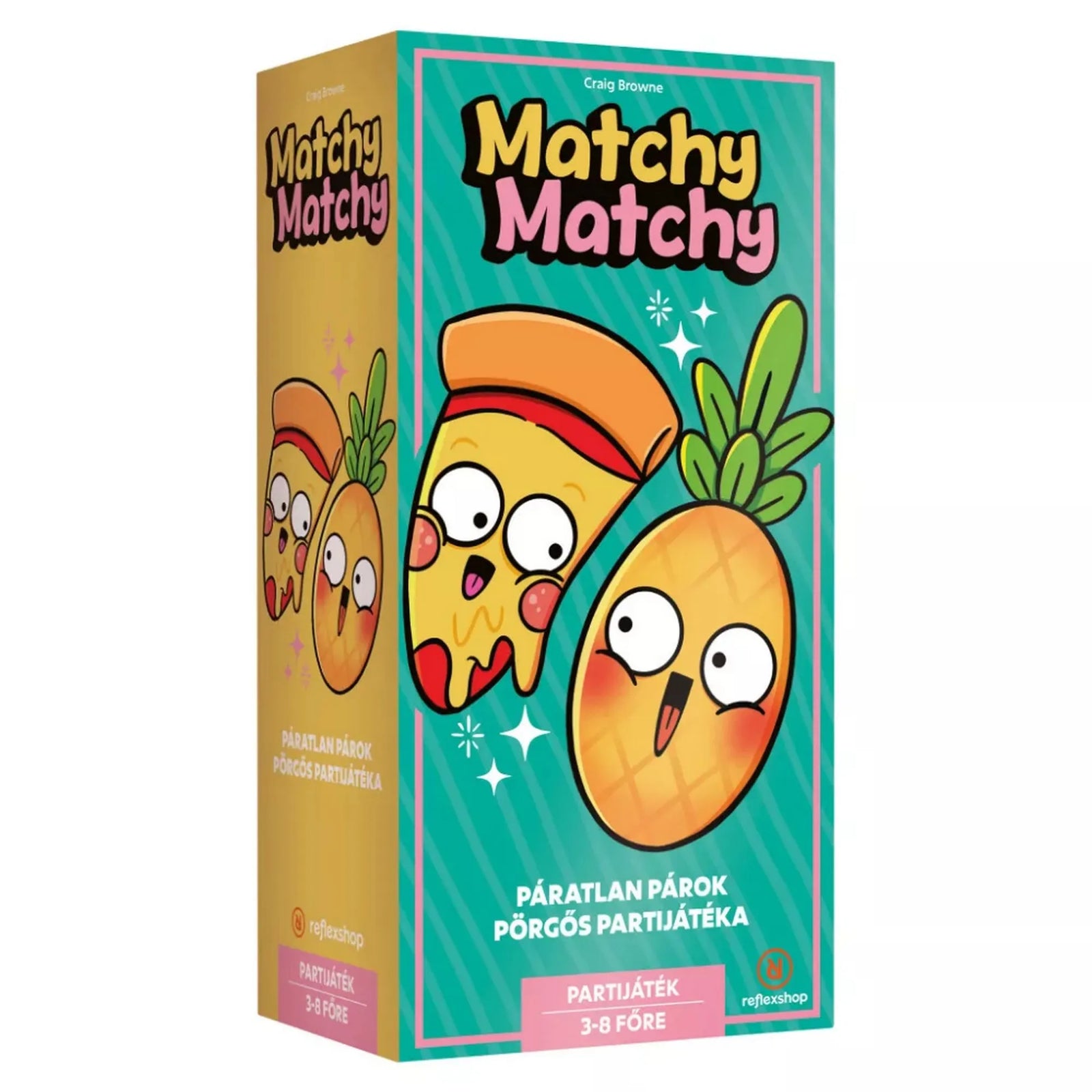 Matchy Matchy magyar nyelvű társasjáték színes doboza pizzás és ananászos illusztrációval.