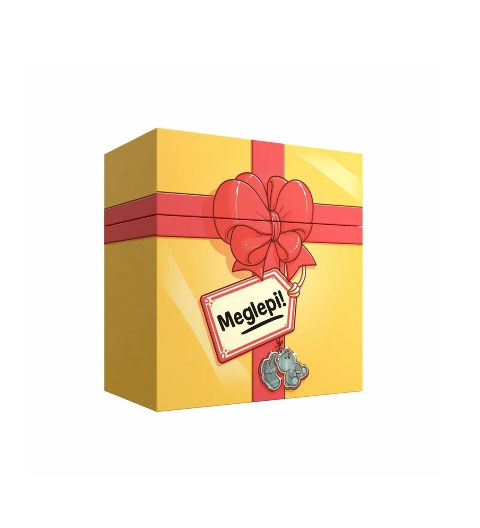 A Meglepi! társasjáték sárga, piros masnival díszített doboza, rajta a „Meglepi!” felirat és két medvés dísz.