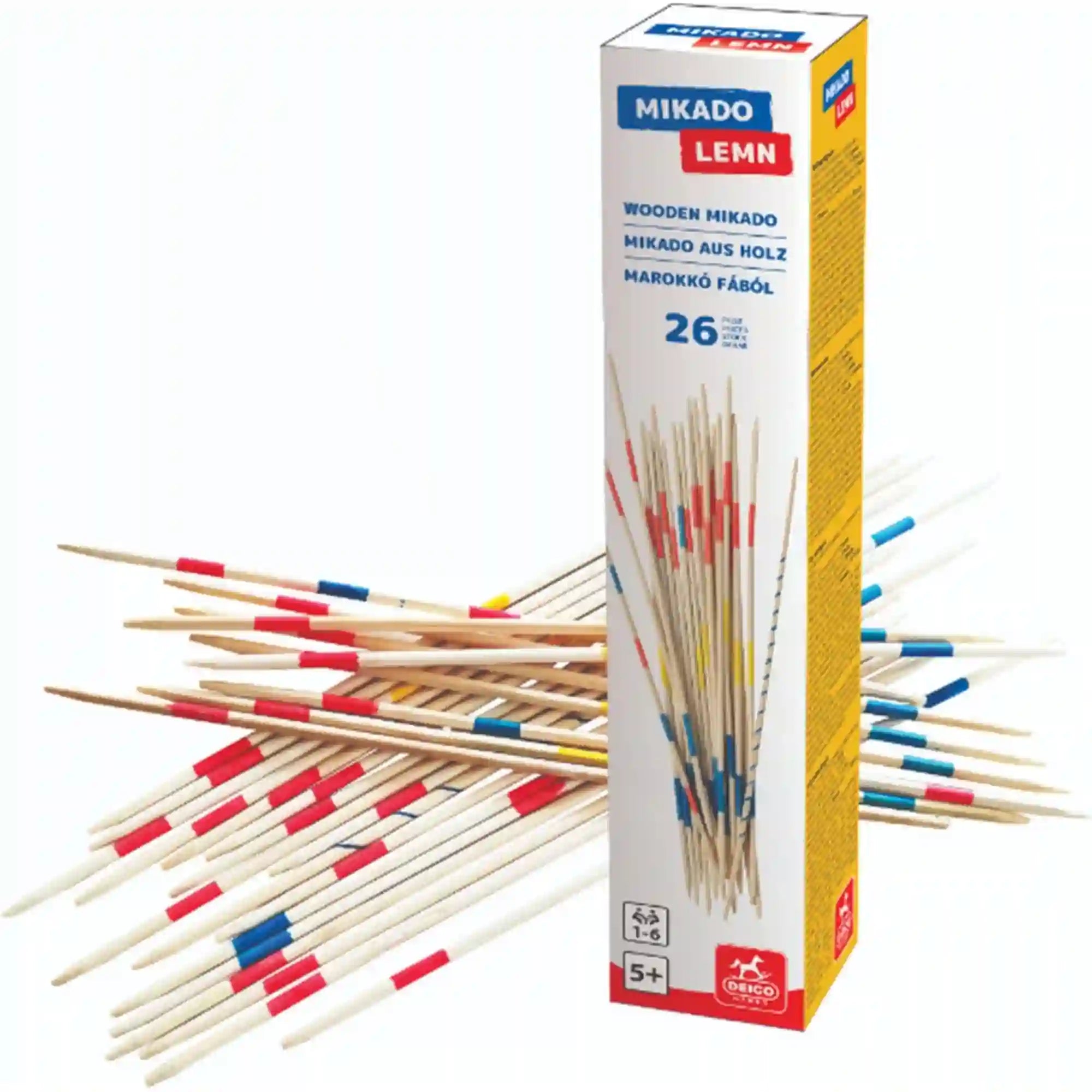 Mikado többnyelvű társasjáték – fehér és sárga, Mikado feliratú doboz, mögötte szétszórt, piros, kék és sárga jelölésekkel díszített fa Mikado-pálcikák, fehér háttéren.