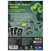 Minciuni veninoase társasjáték hátoldala, zöld kígyós grafika, játékleírás és kártyák megjelenítése, bluff és szerepjáték mechanikával