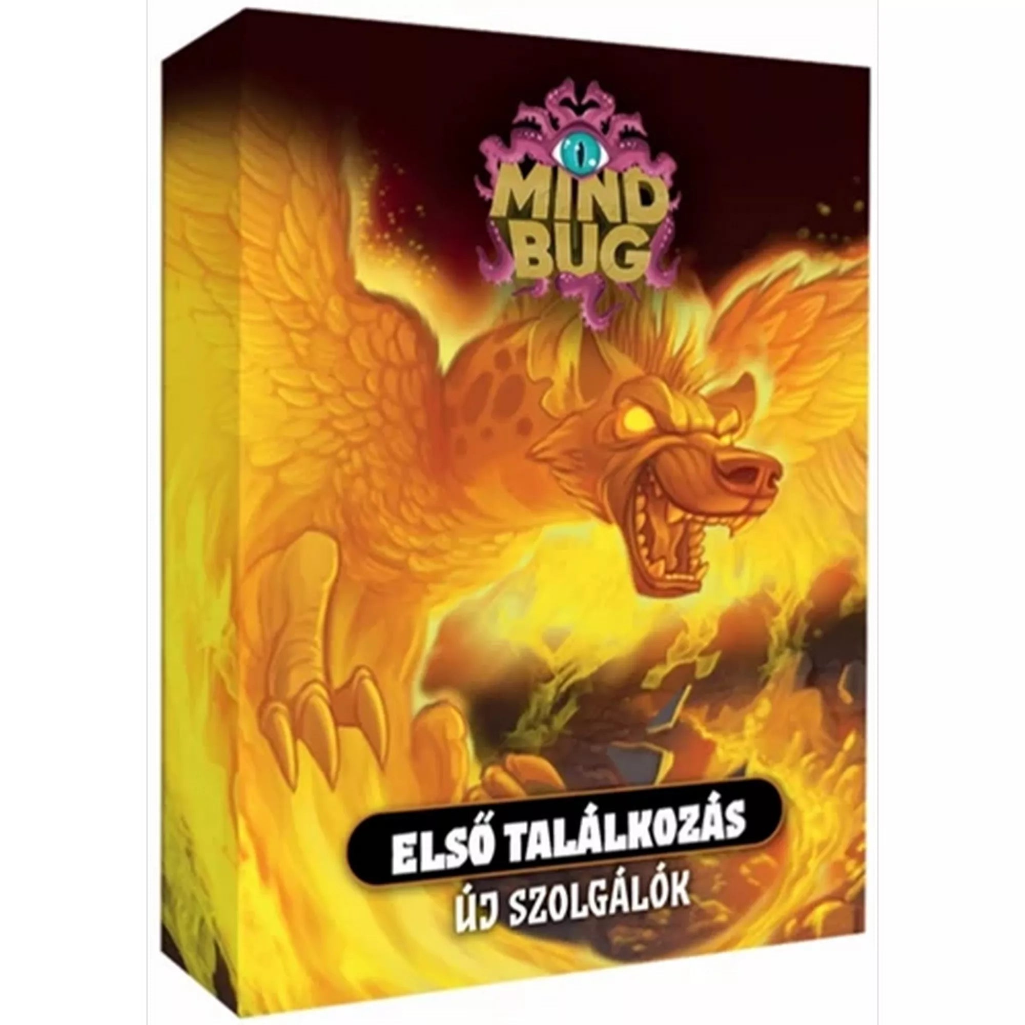 Mindbug – Új szolgálók kiegészítő doboza, lángoló háttérrel és egy szárnyas, üvöltő lény illusztrációjával