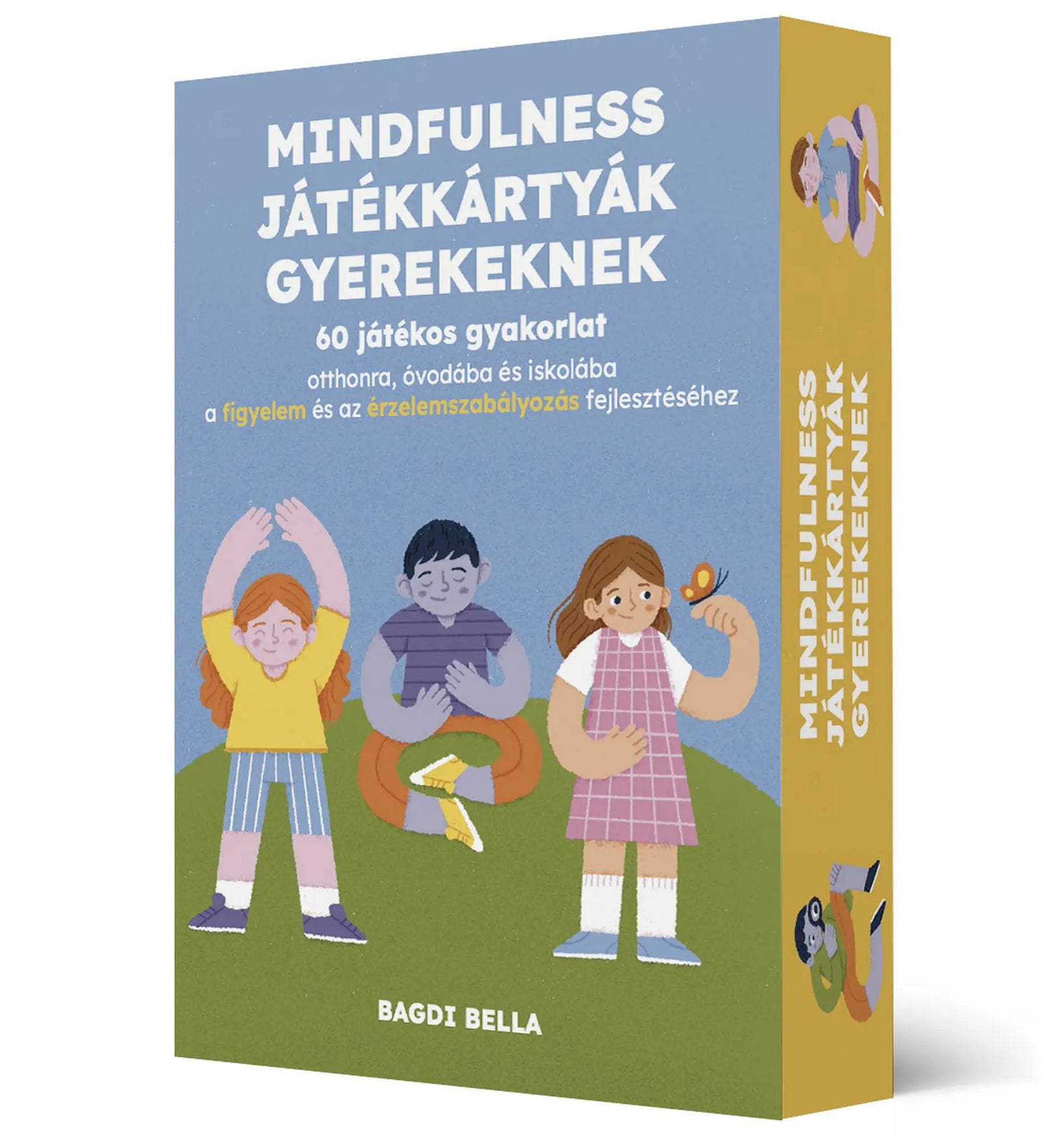 Mindfulness játékkártyák gyerekeknek magyar nyelvű társasjáték dobozképe, 60 játékos gyakorlatot tartalmazó kártyacsomag a figyelem, érzelemszabályozás és tudatos jelenlét fejlesztéséhez gyermekek számára.