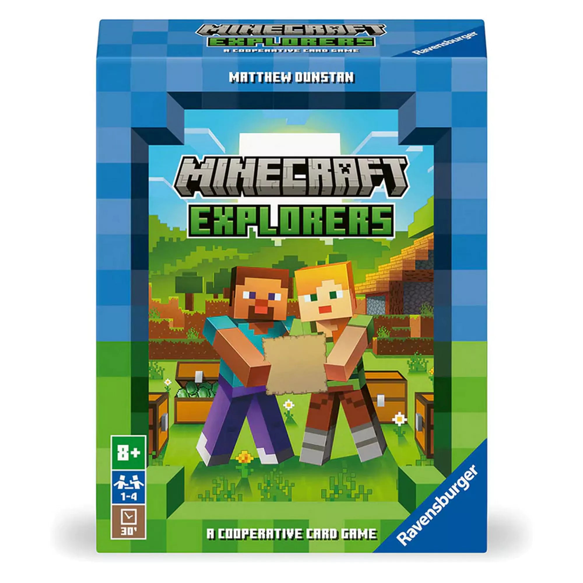 Minecraft Explorers társasjáték doboza, ahol két Minecraft karakter térképet tart, háttérben a Minecraft jellegzetes tájaival. Együttműködő kártyajáték kalandoroknak.